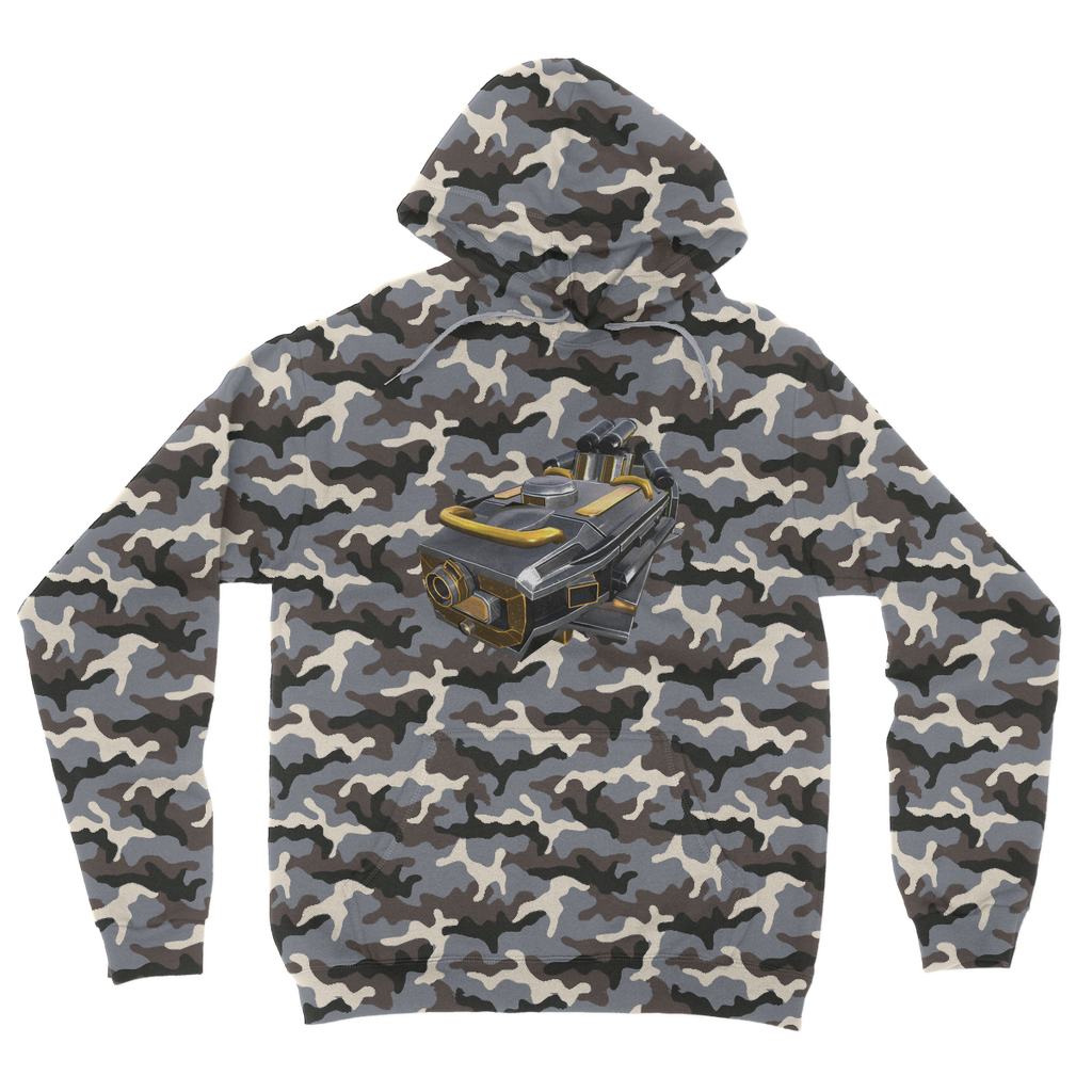 Drone Camouflage Adult Hoodie featuring an all-over camo design, double fabric hood, and kangaroo pouch pocket.