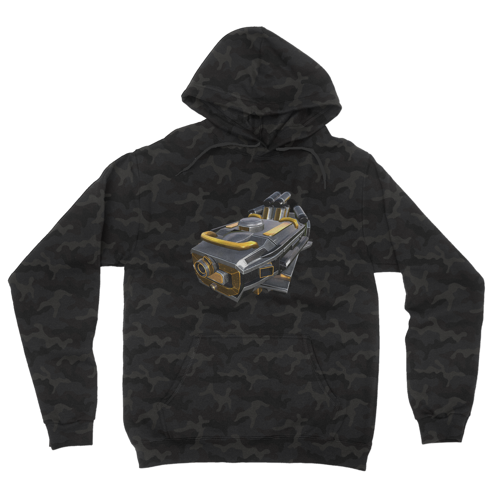 Drone Camouflage Adult Hoodie featuring an all-over camo design, double fabric hood, and kangaroo pouch pocket.