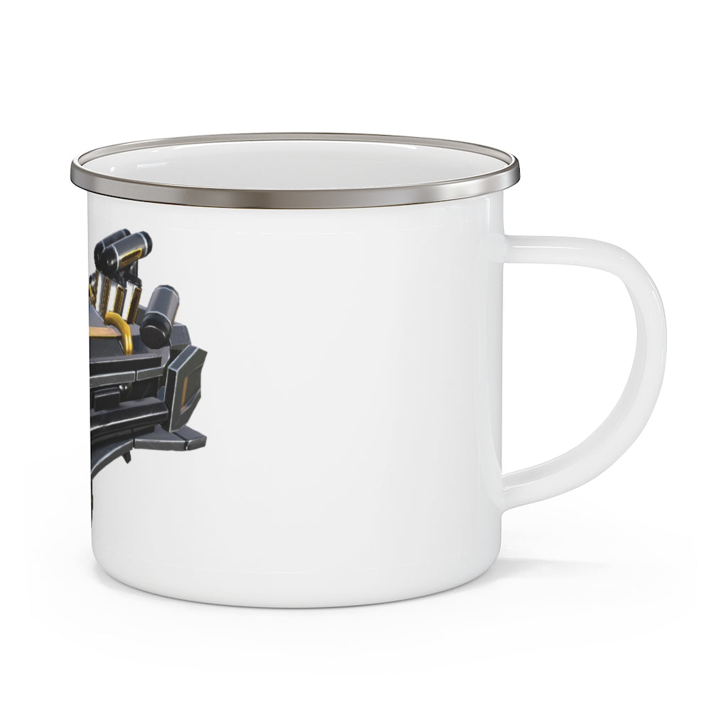 Drone Enamel Camping Mug with a C-handle, featuring a personalized design and durable stainless steel construction, perfect for outdoor use.