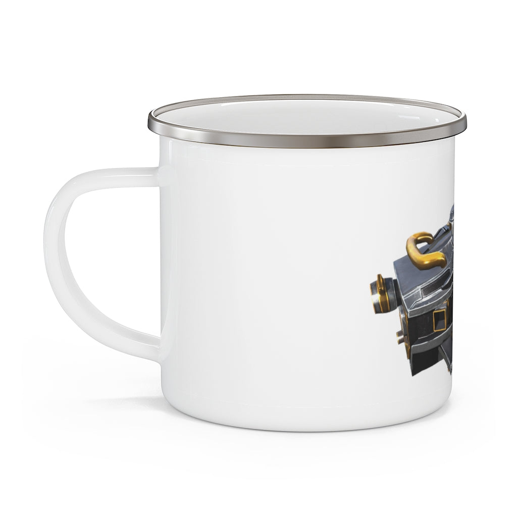 Drone Enamel Camping Mug with a C-handle, featuring a personalized design and durable stainless steel construction, perfect for outdoor use.