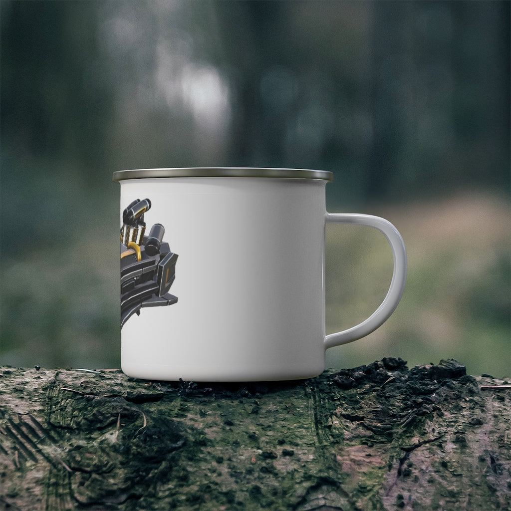 Drone Enamel Camping Mug with a C-handle, featuring a personalized design and durable stainless steel construction, perfect for outdoor use.