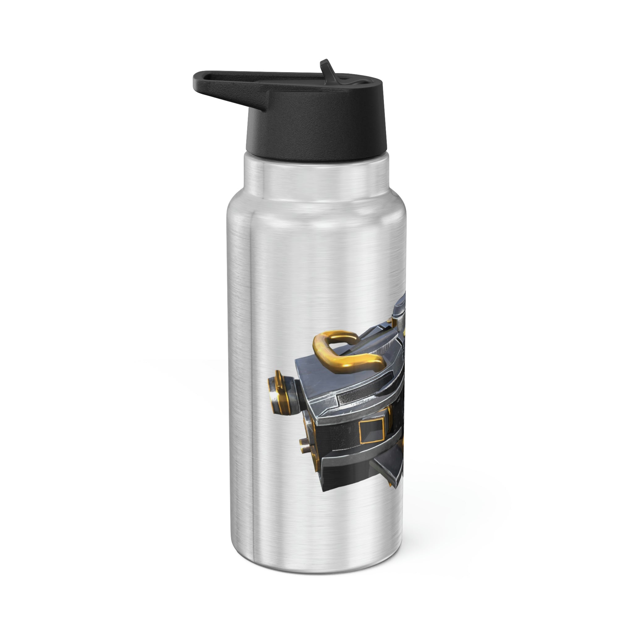 Drone Gator Tumbler in stainless steel with a black cap and plastic straw, showcasing a customizable design.