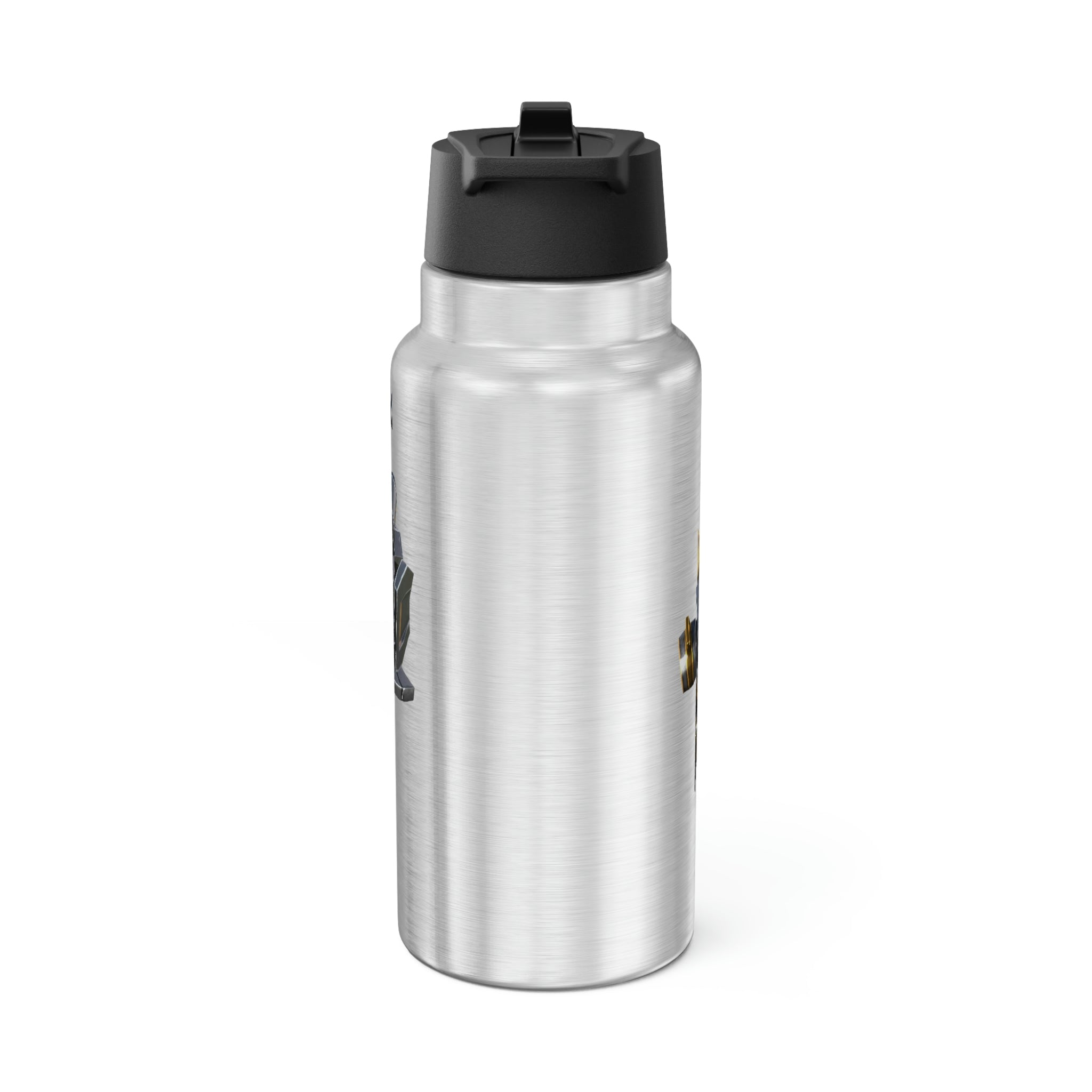 Drone Gator Tumbler in stainless steel with a black cap and plastic straw, showcasing a customizable design.