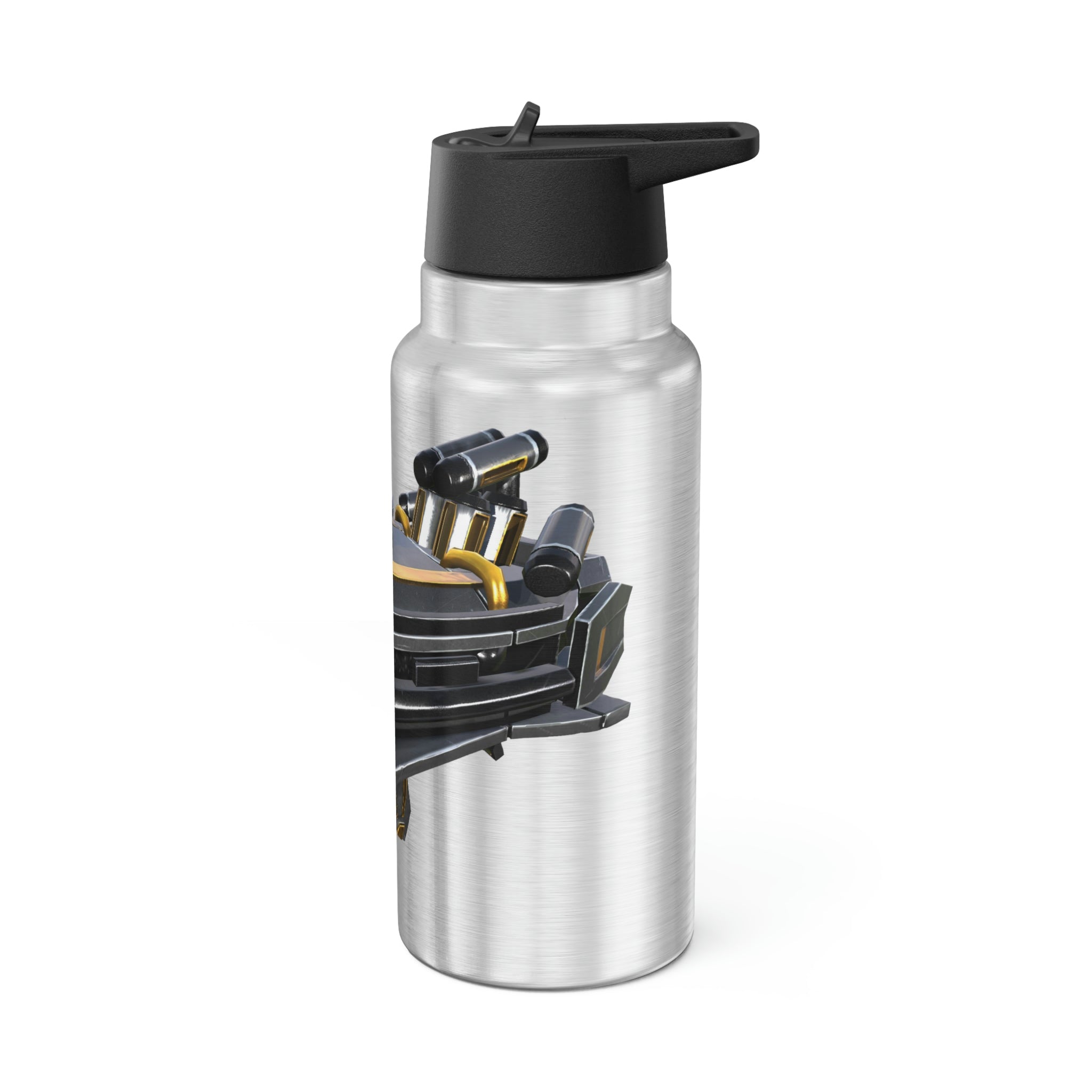 Drone Gator Tumbler in stainless steel with a black cap and plastic straw, showcasing a customizable design.