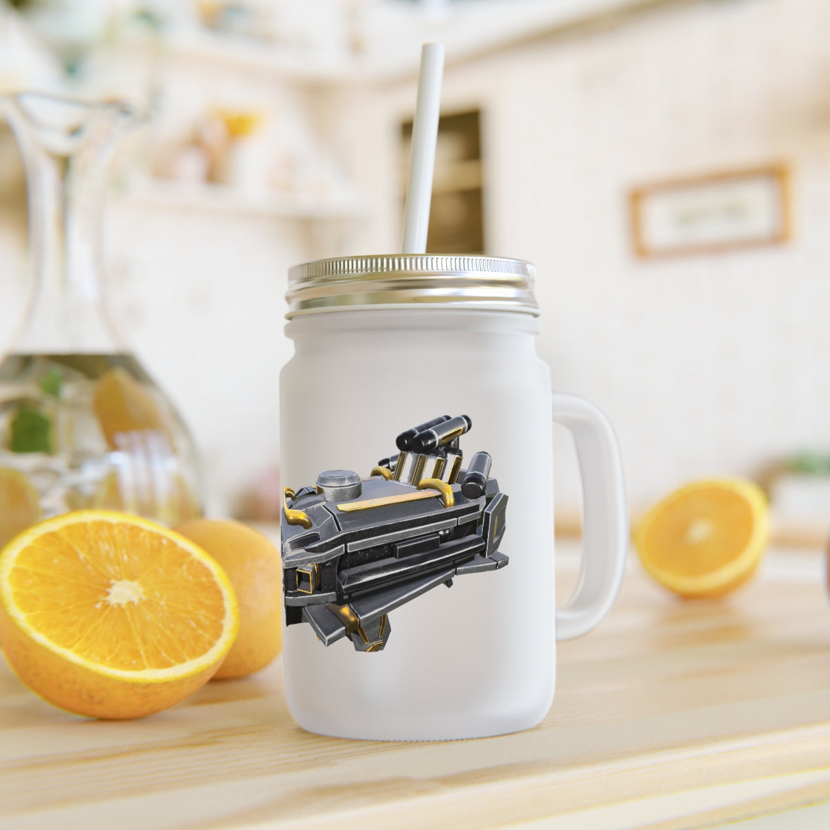 A personalized Drone Mason Jar made of frosted glass, featuring a straw and lid, ideal for cocktails and soft drinks.