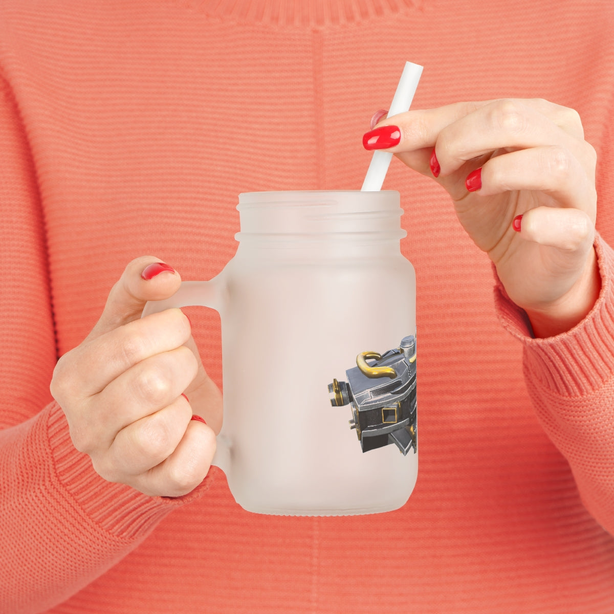 A personalized Drone Mason Jar made of frosted glass, featuring a straw and lid, ideal for cocktails and soft drinks.