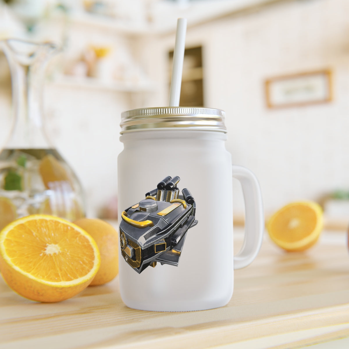 A personalized Drone Mason Jar made of frosted glass, featuring a straw and lid, perfect for drinks.