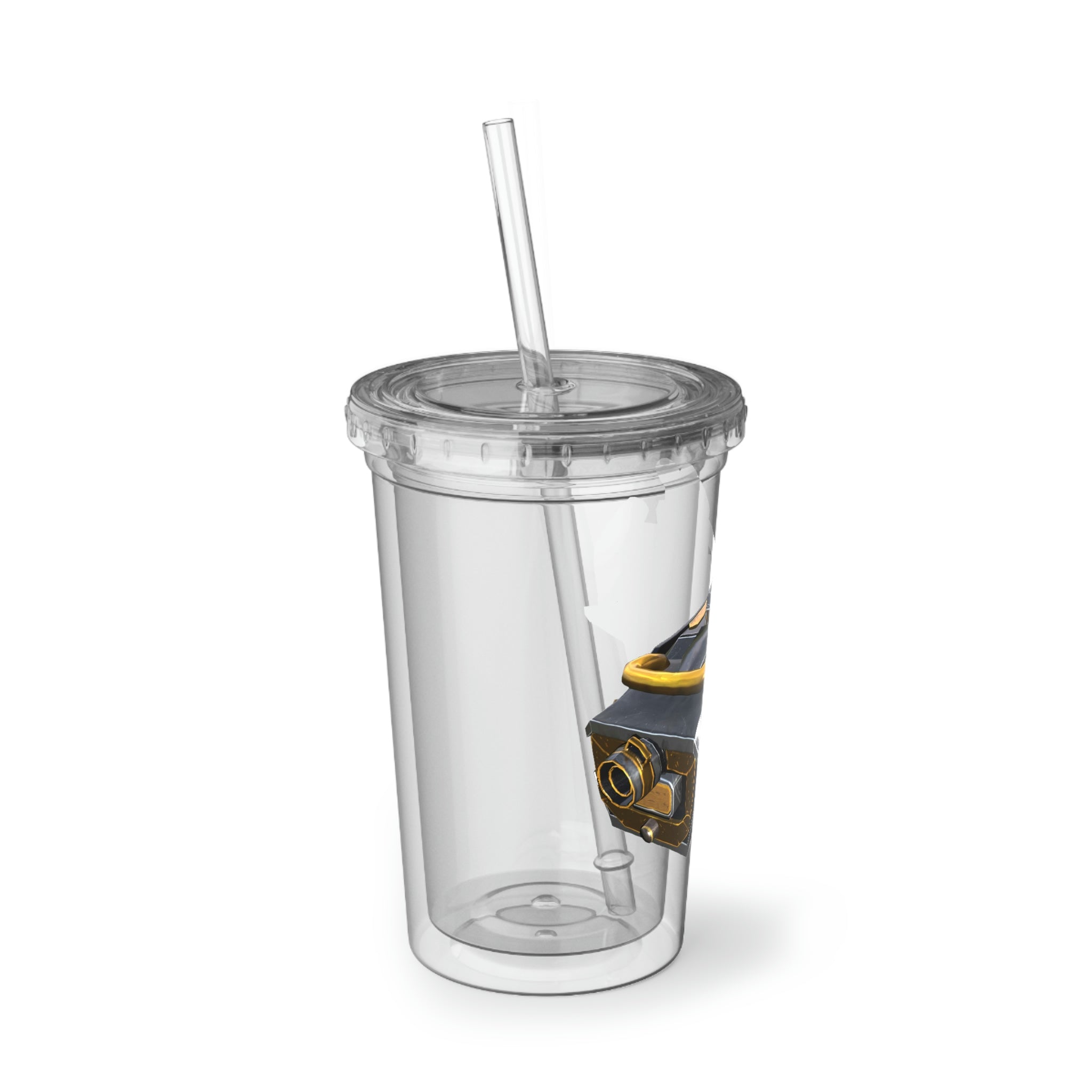 Drone Suave Acrylic Cup in stainless steel with a black screw-on cap and plastic straw, showcasing a customizable design.