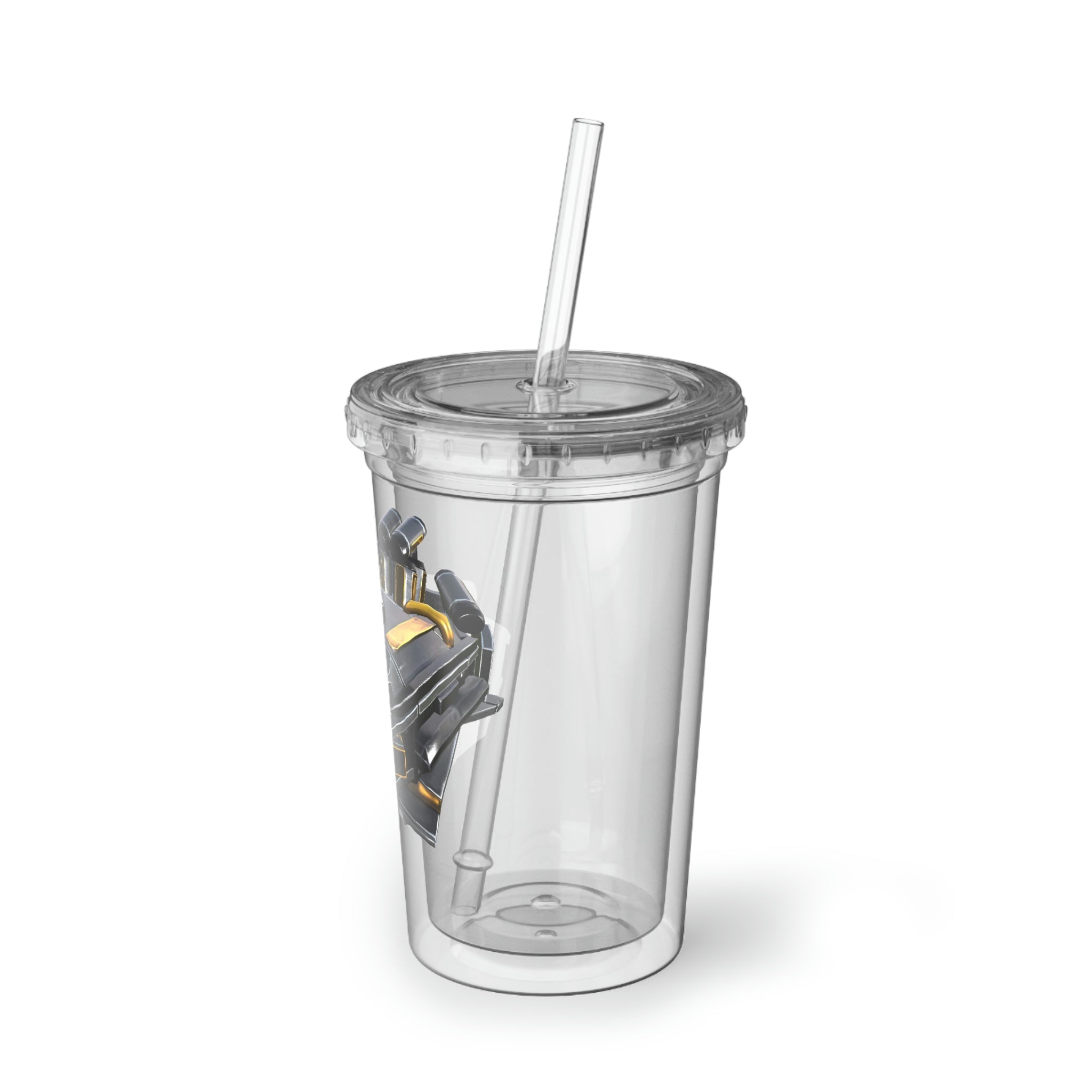 Drone Suave Acrylic Cup in stainless steel with a black screw-on cap and plastic straw, showcasing a customizable design.