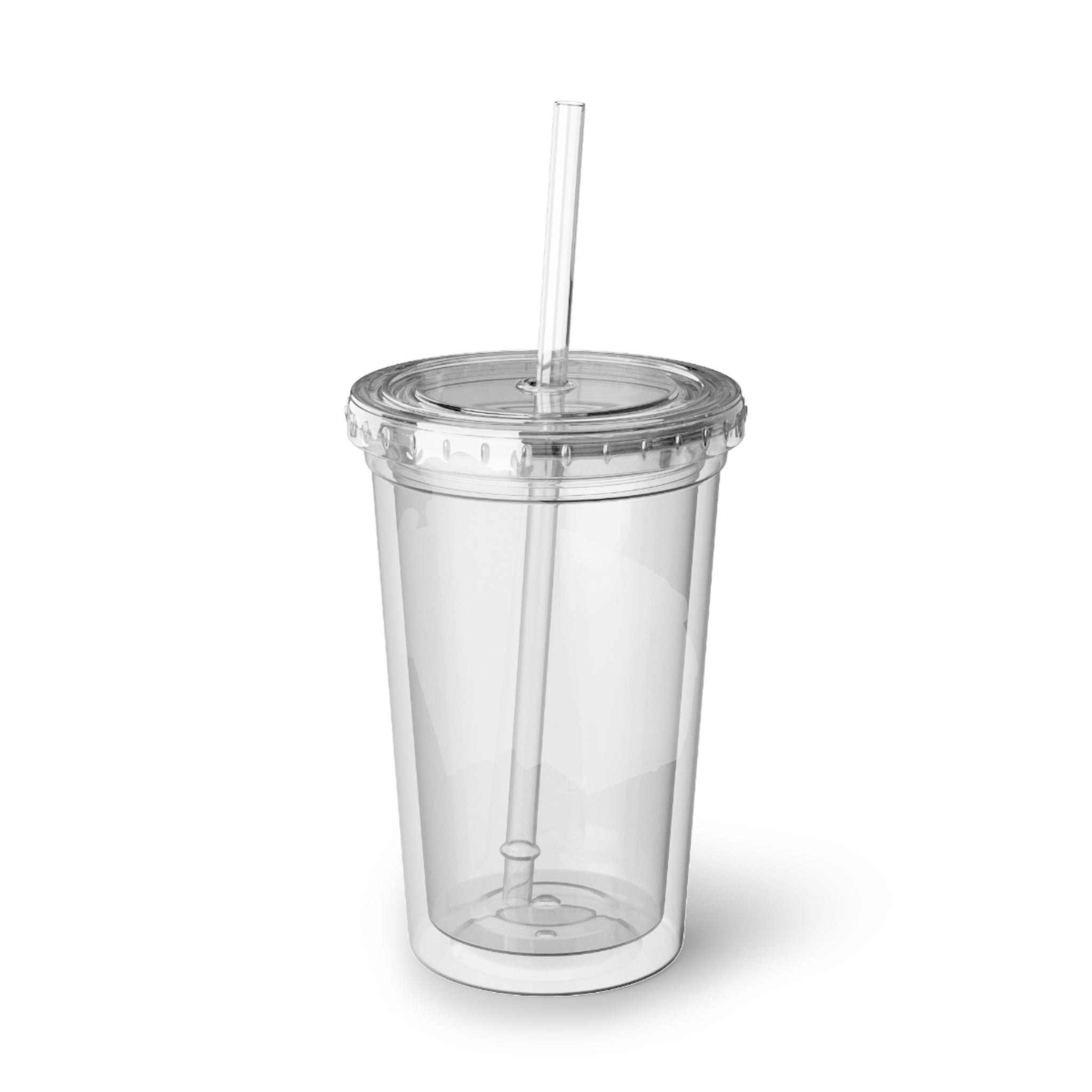 Drone Suave Acrylic Cup in stainless steel with a black screw-on cap and plastic straw, showcasing a customizable design.