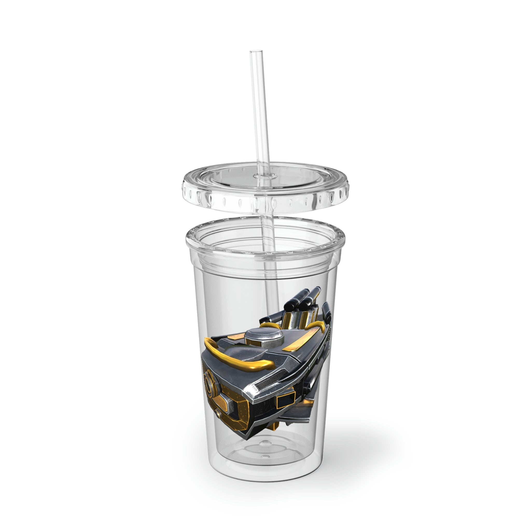 Drone Suave Acrylic Cup in stainless steel with a black screw-on cap and plastic straw, showcasing a customizable design.