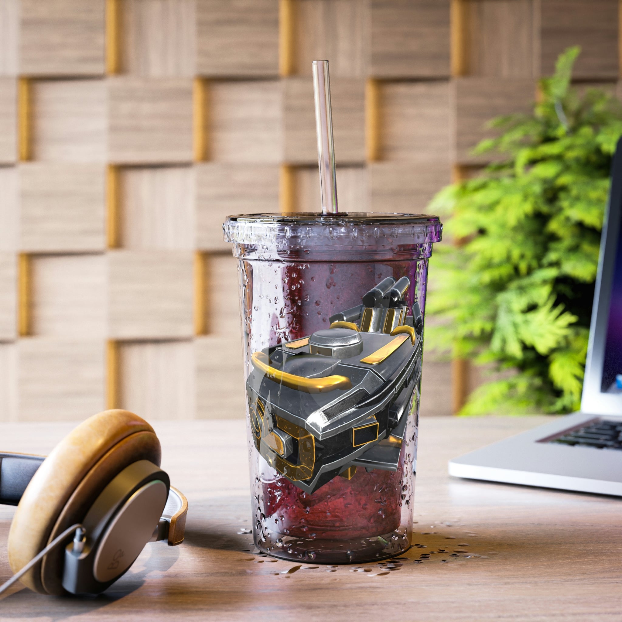 Drone Suave Acrylic Cup in stainless steel with a black screw-on cap and plastic straw, showcasing a customizable design.