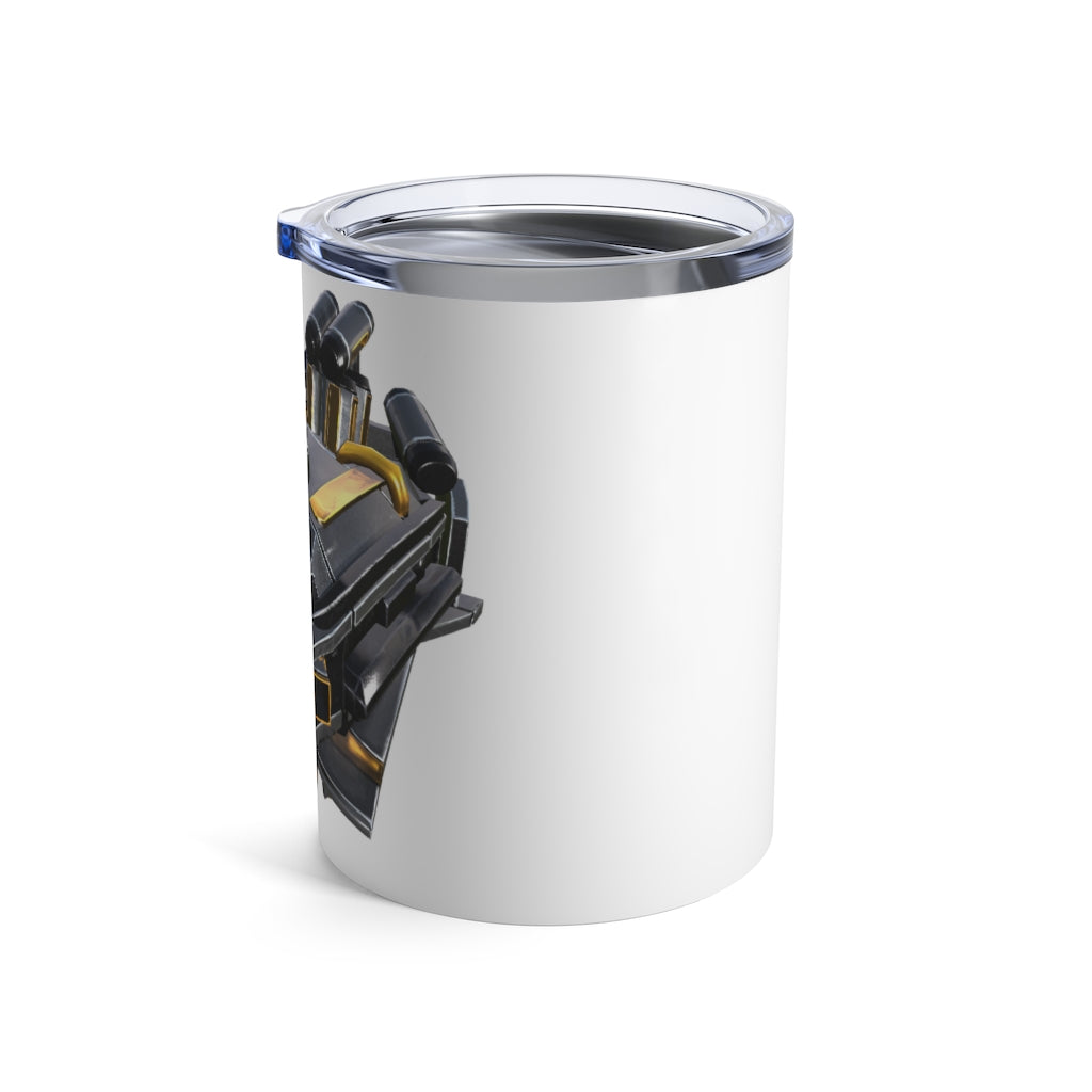 Drone Tumbler 10oz made of stainless steel with a see-thru plastic lid, showcasing its sleek design and compact size.