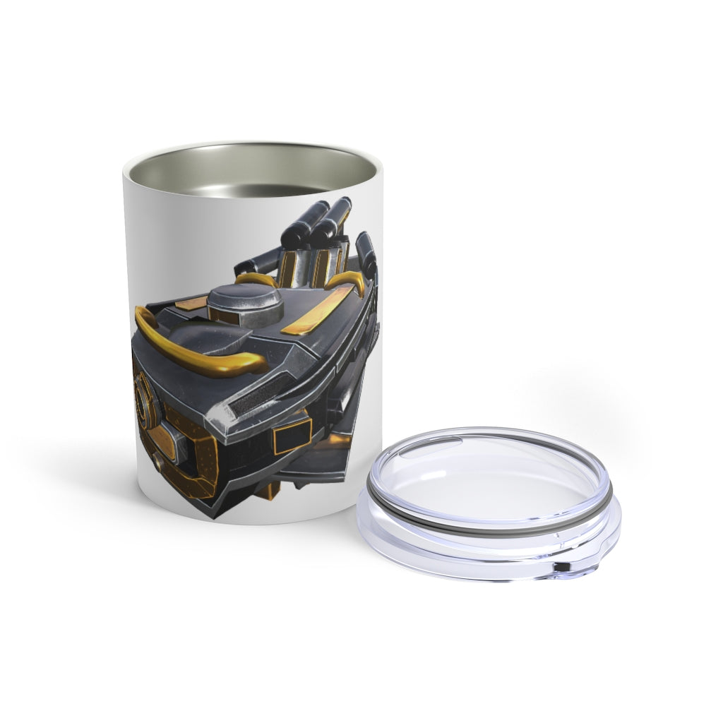 Drone Tumbler 10oz made of stainless steel with a see-thru plastic lid, showcasing its sleek design and compact size.