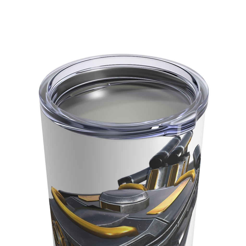 Drone Tumbler 10oz made of stainless steel with a see-thru plastic lid, showcasing its sleek design and compact size.