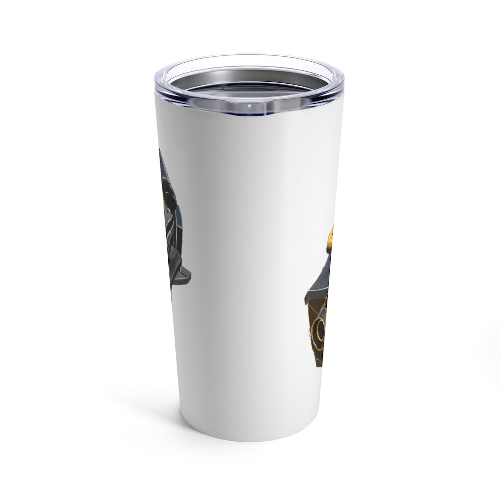 Drone Tumbler 20oz in stainless steel with a see-thru plastic lid, showcasing its sleek design and rounded corners.