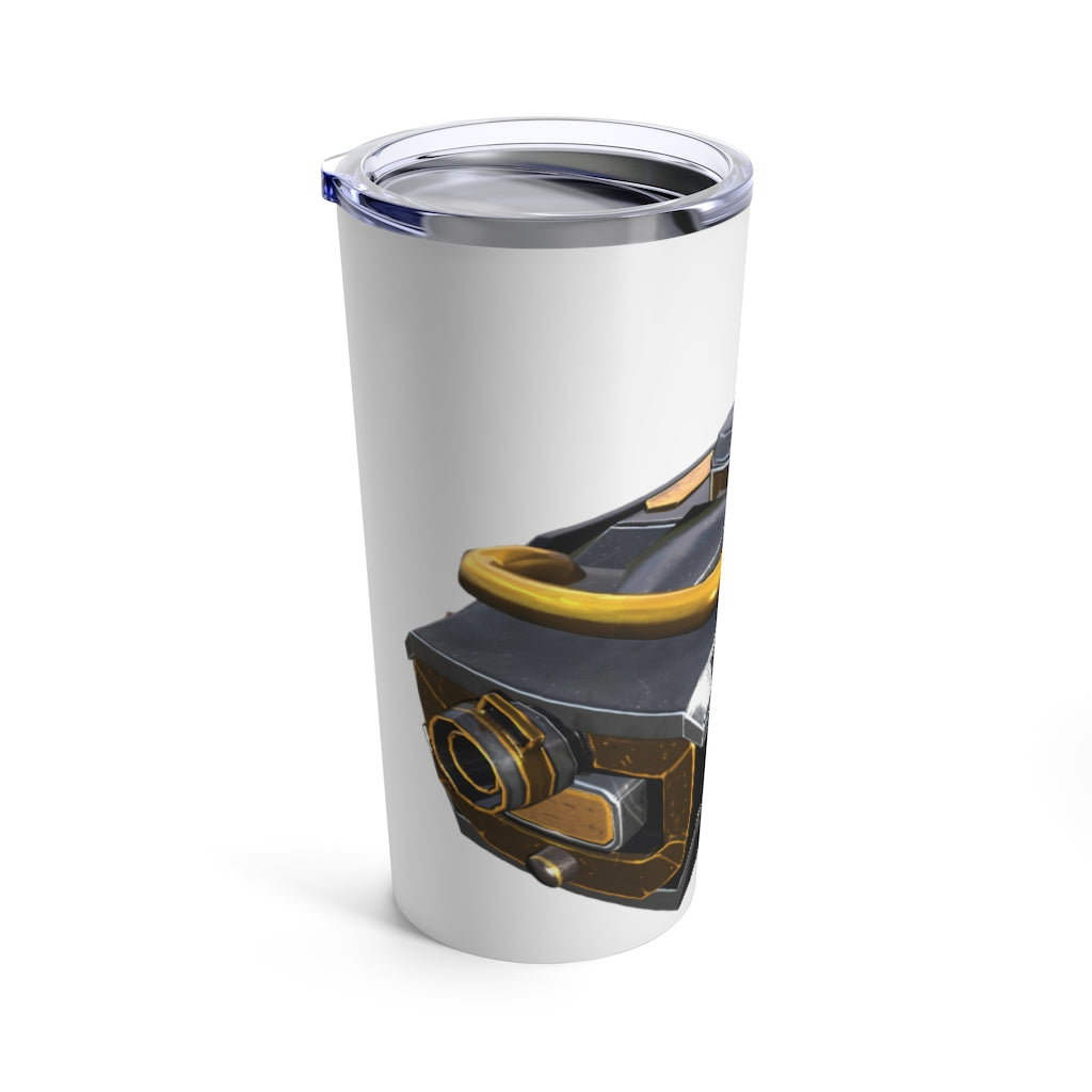 Drone Tumbler 20oz in stainless steel with a see-thru plastic lid, showcasing its sleek design and rounded corners.