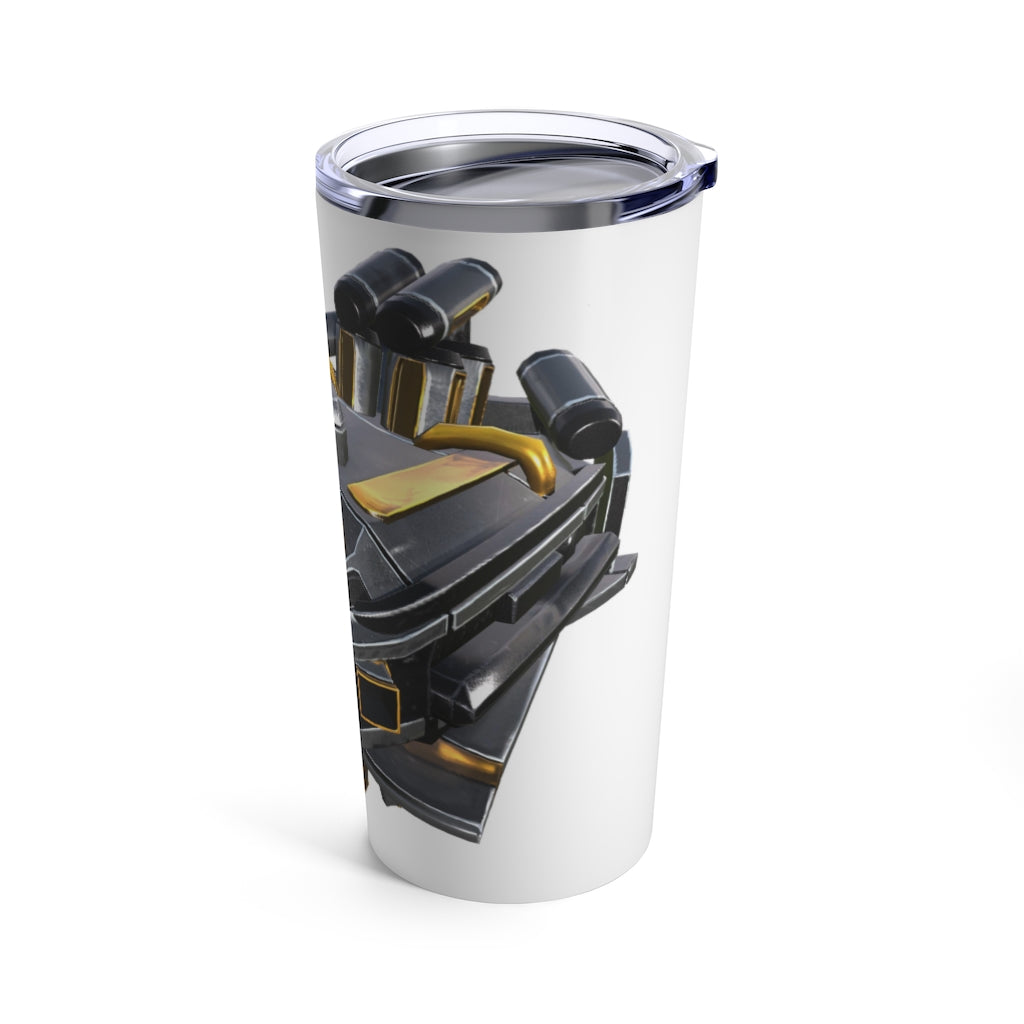 Drone Tumbler 20oz in stainless steel with a see-thru plastic lid, showcasing its sleek design and rounded corners.