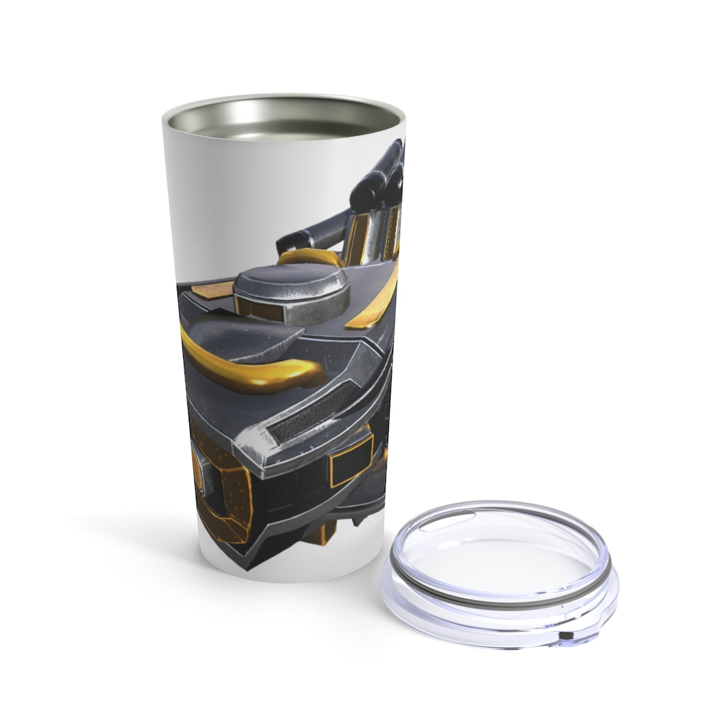 Drone Tumbler 20oz in stainless steel with a see-thru plastic lid, showcasing its sleek design and rounded corners.