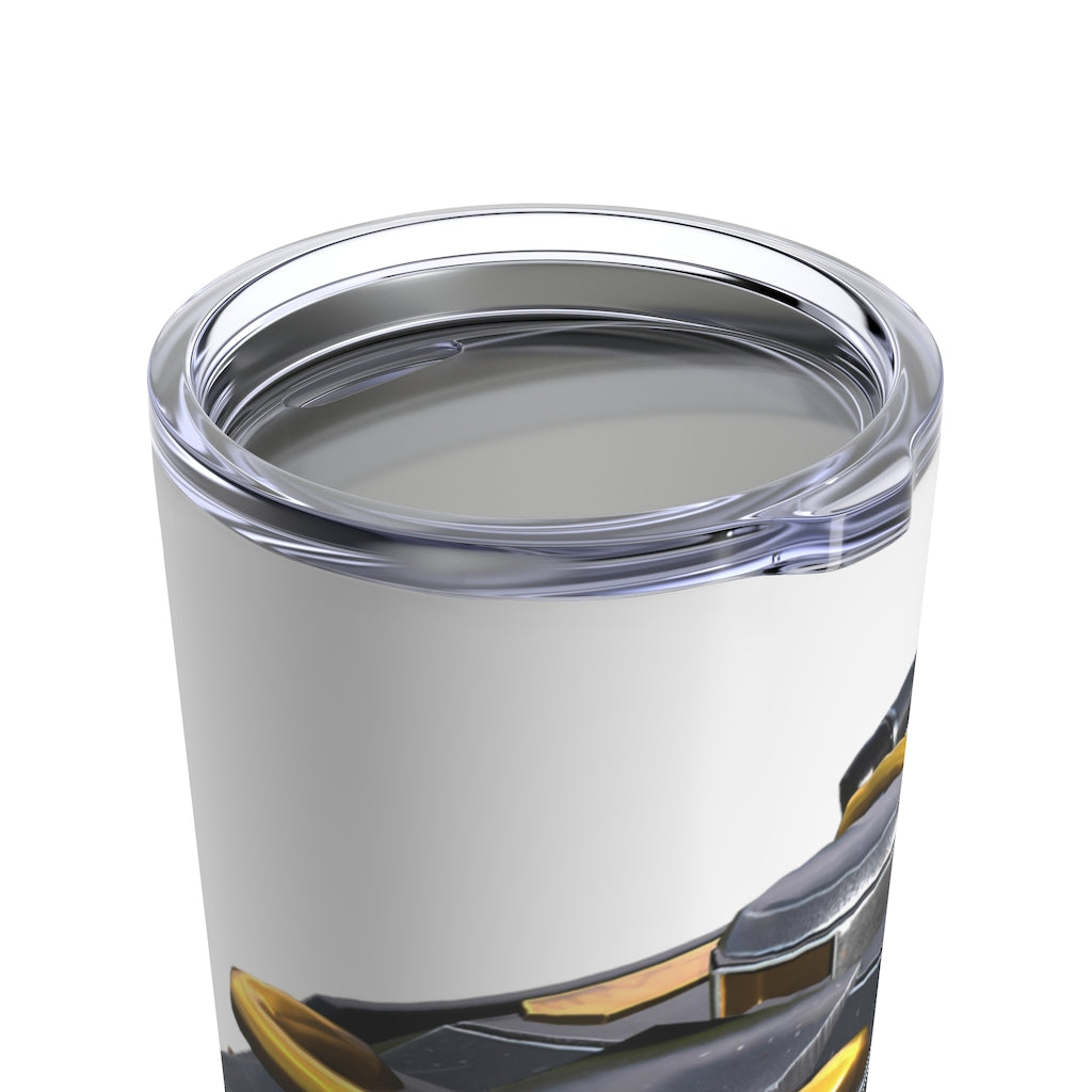 Drone Tumbler 20oz in stainless steel with a see-thru plastic lid, showcasing its sleek design and rounded corners.