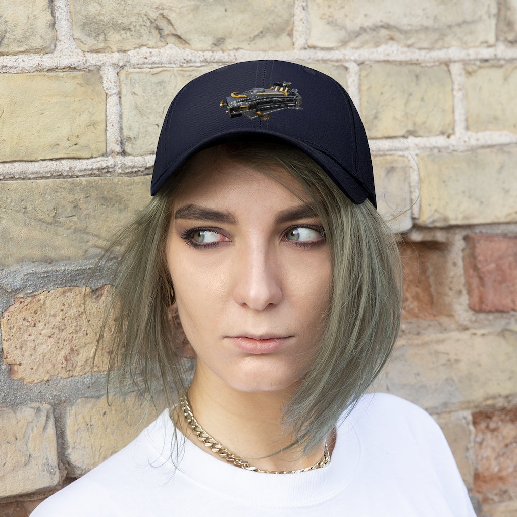 Drone Unisex Twill Hat in solid color, showcasing 6-panel design and adjustable Velcro closure.