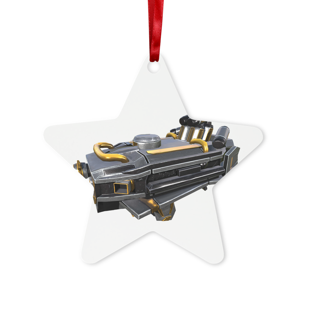 Drone2 Metal Hanging Ornament in hexagon and star shapes, featuring a glossy white finish and red ribbon for hanging.