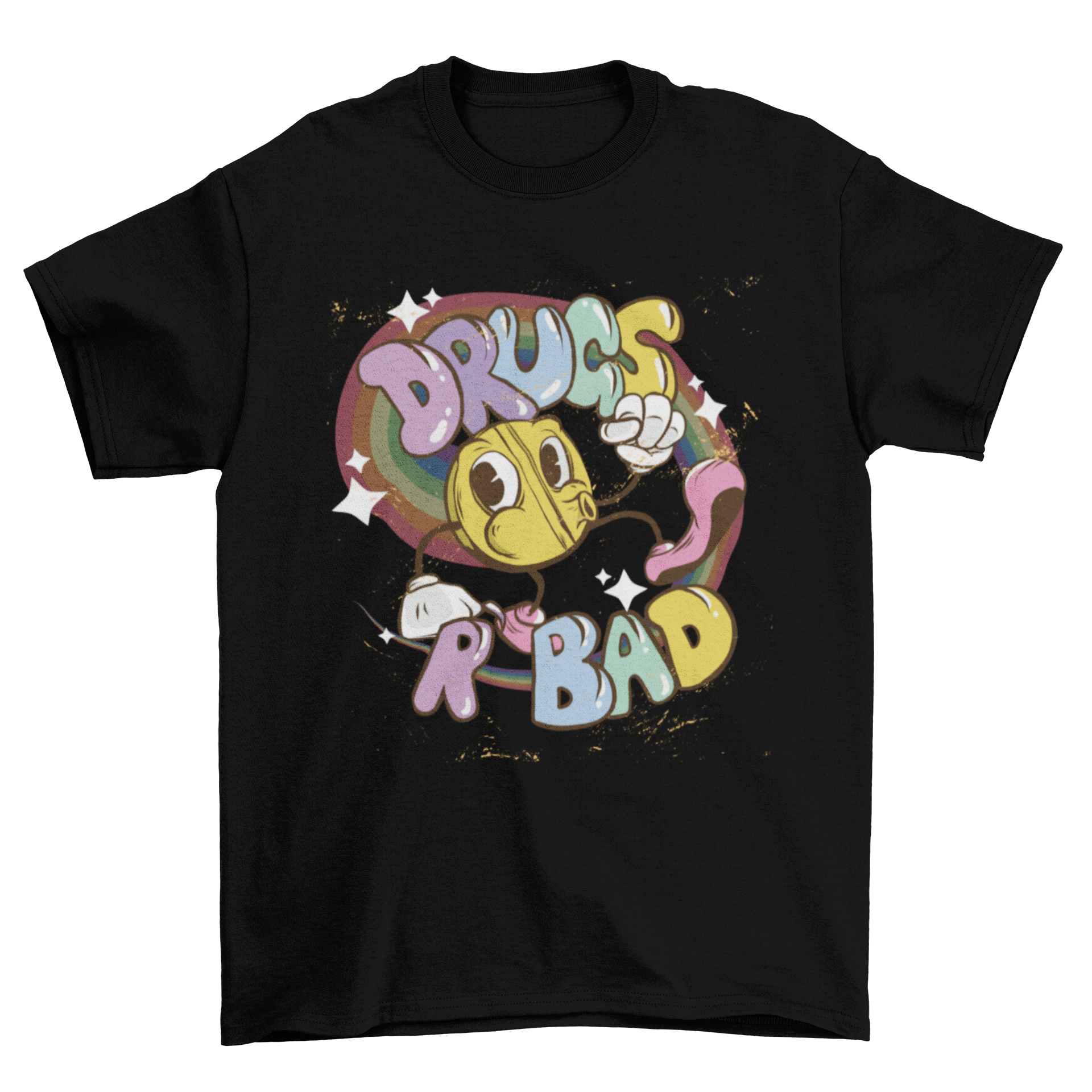 Drugs are Bad T-shirt featuring a colorful pill character and bold lettering.