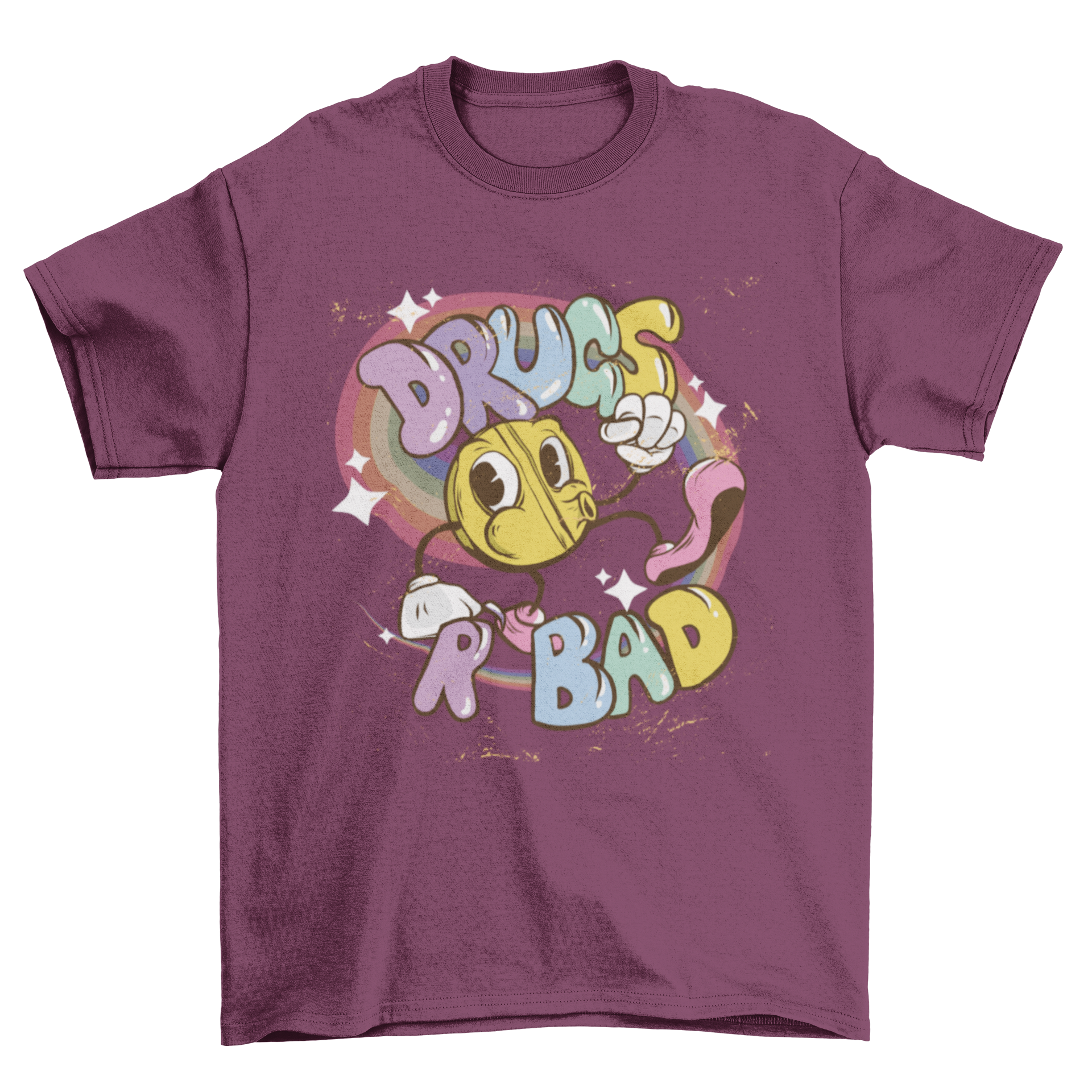 Drugs are Bad T-shirt featuring a colorful pill character and bold lettering.