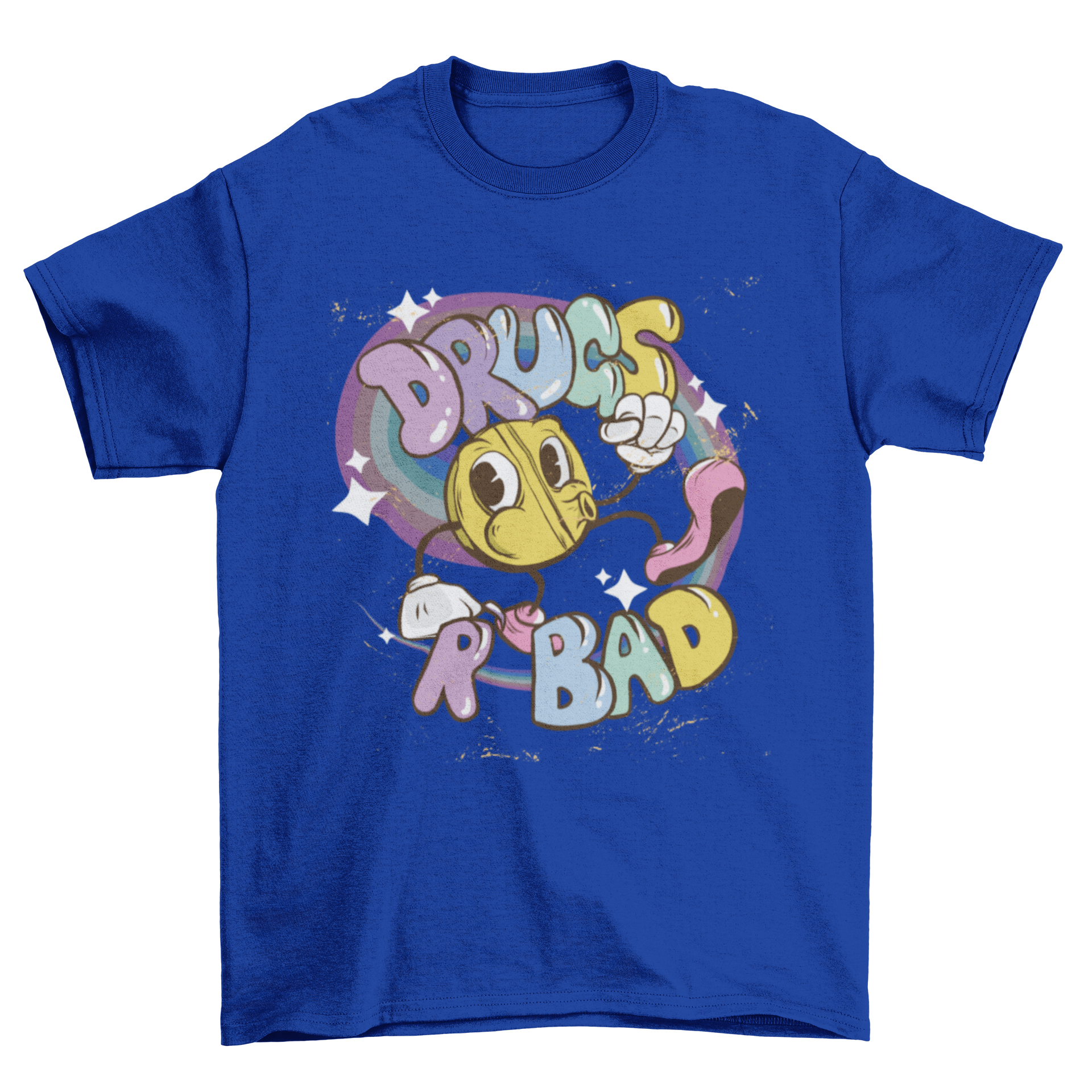 Drugs are Bad T-shirt featuring a colorful pill character and bold lettering.