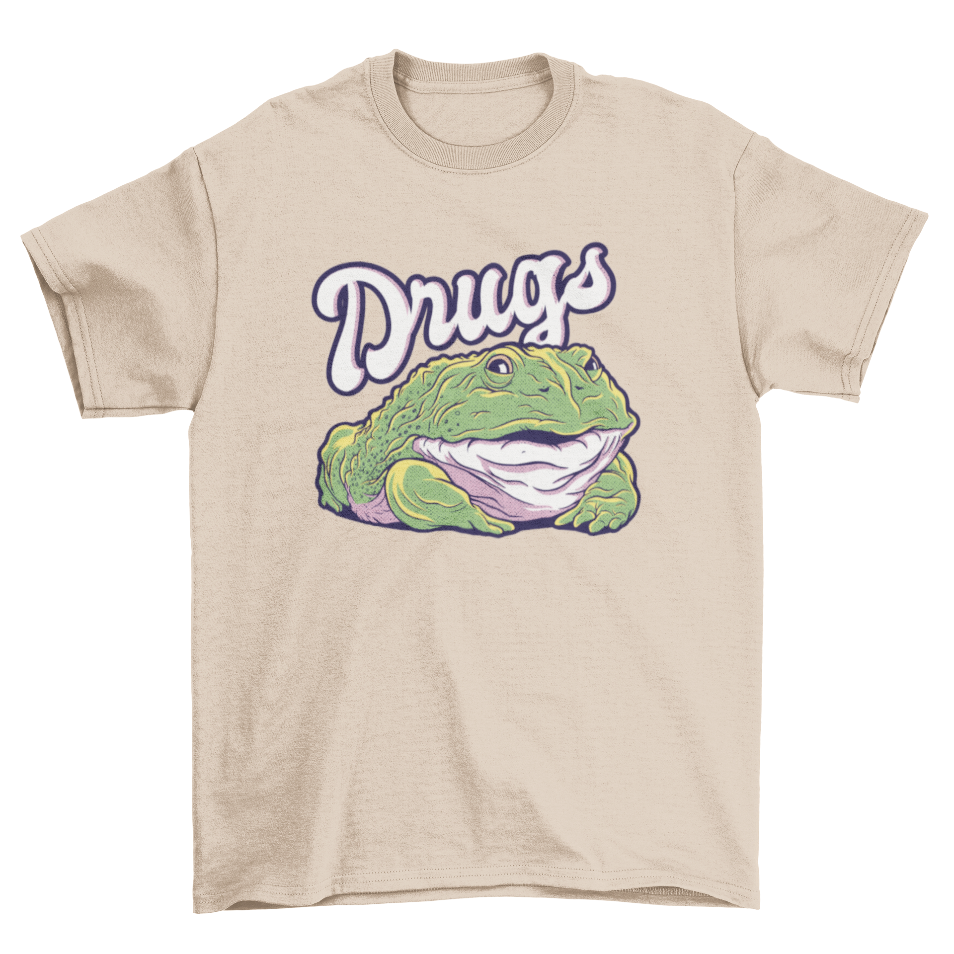 Funny t-shirt featuring a green toad and the quote 'Drugs', perfect for casual wear.