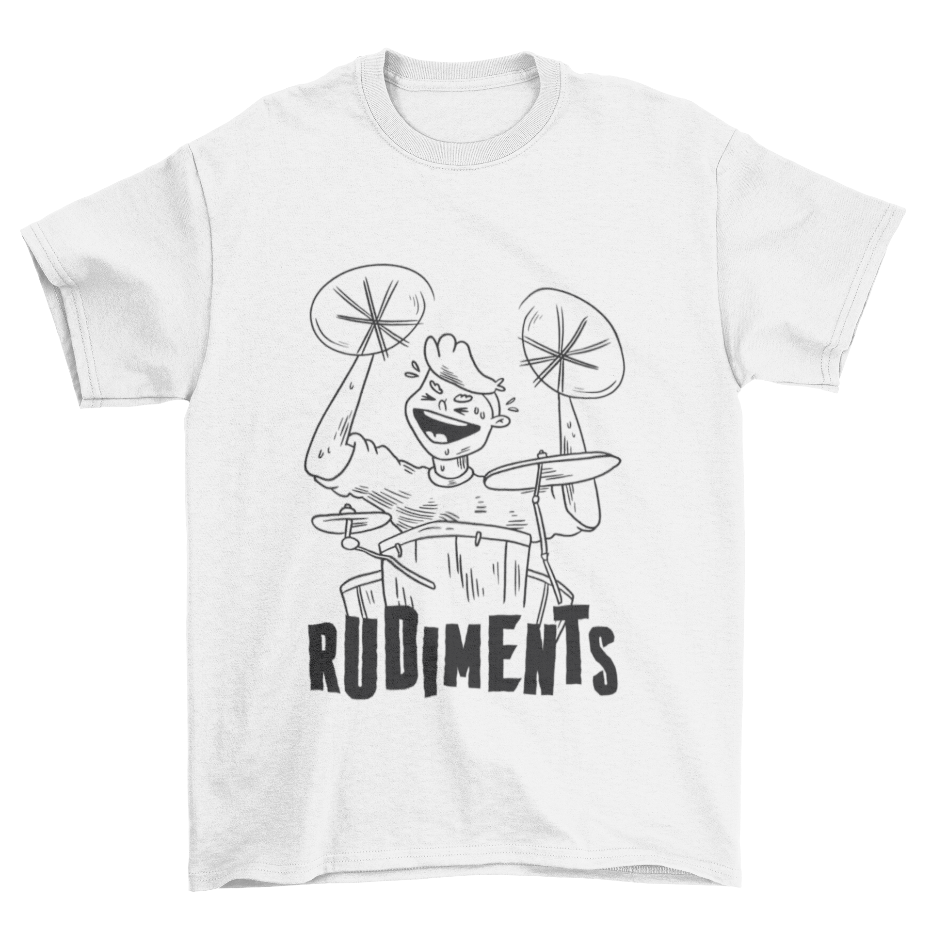 A stylish t-shirt featuring a drummer playing with the caption 'Rudiments', perfect for music lovers.