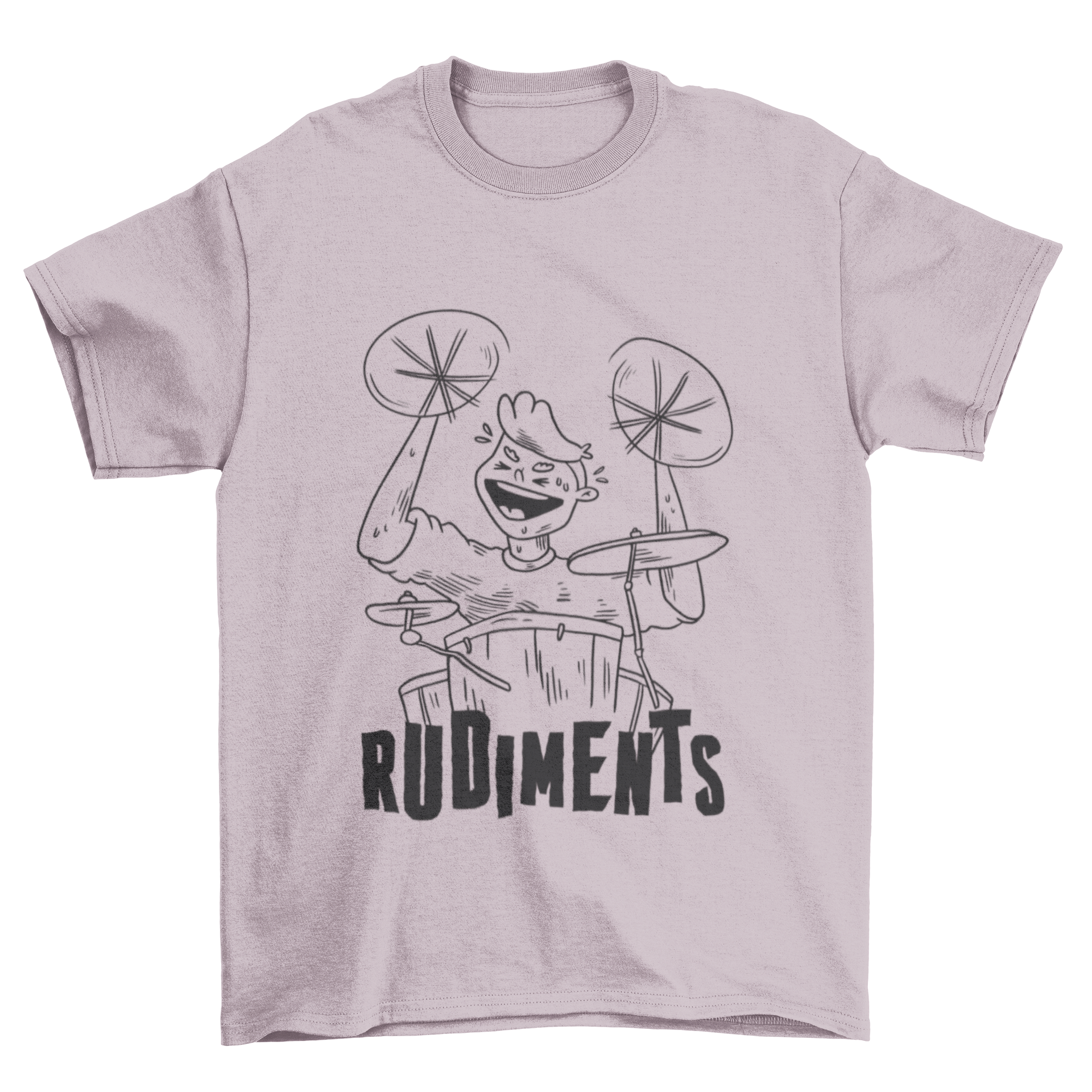 A stylish t-shirt featuring a drummer playing with the caption 'Rudiments', perfect for music lovers.