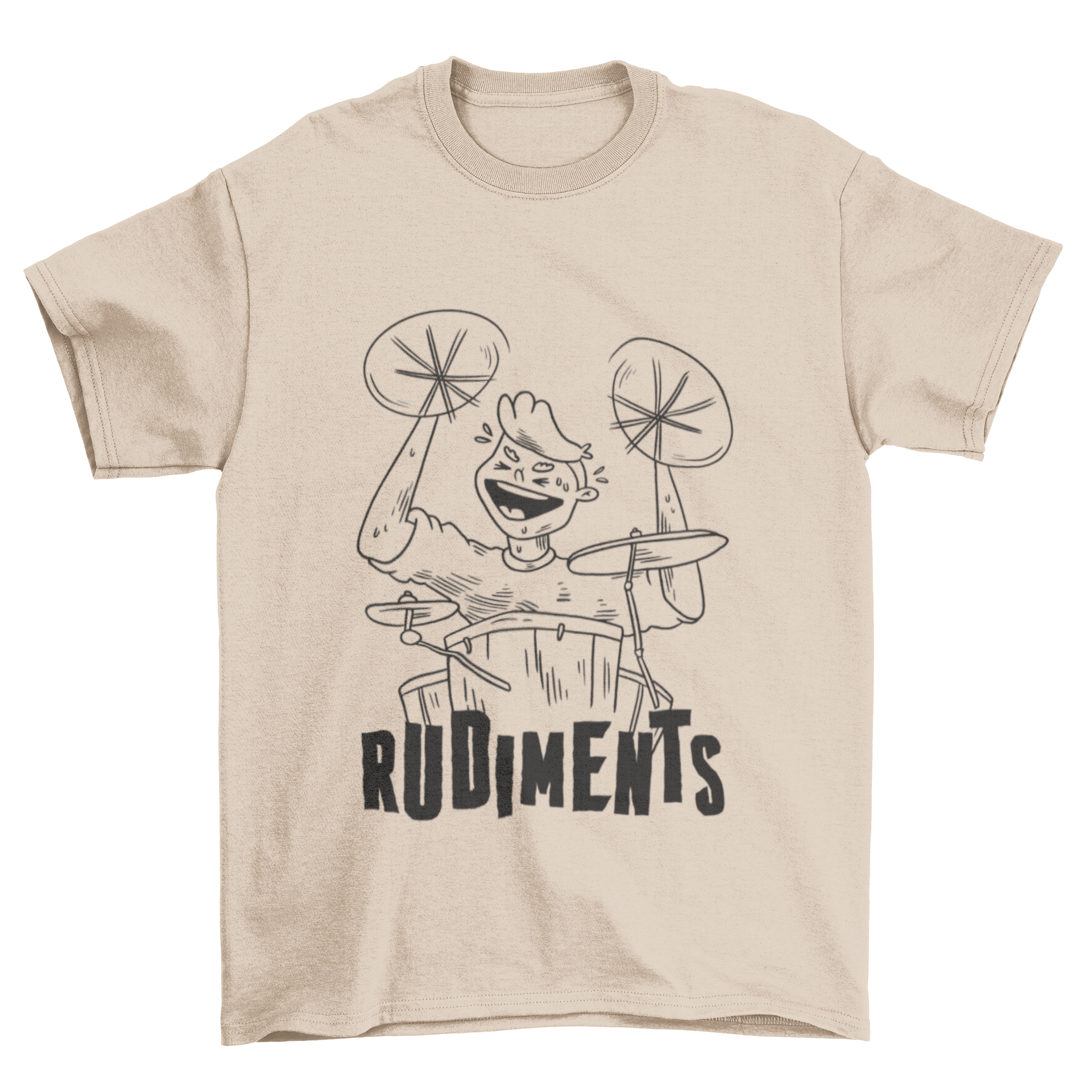 A stylish t-shirt featuring a drummer playing with the caption 'Rudiments', perfect for music lovers.