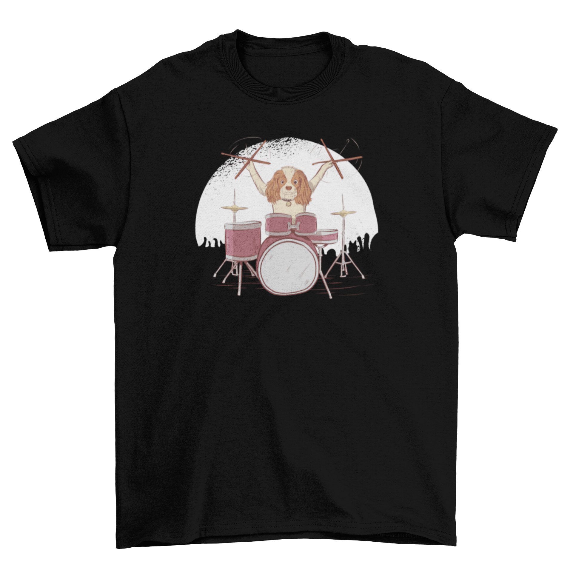 Drummer Dog T-Shirt featuring a cute puppy playing drums in a rocker style.