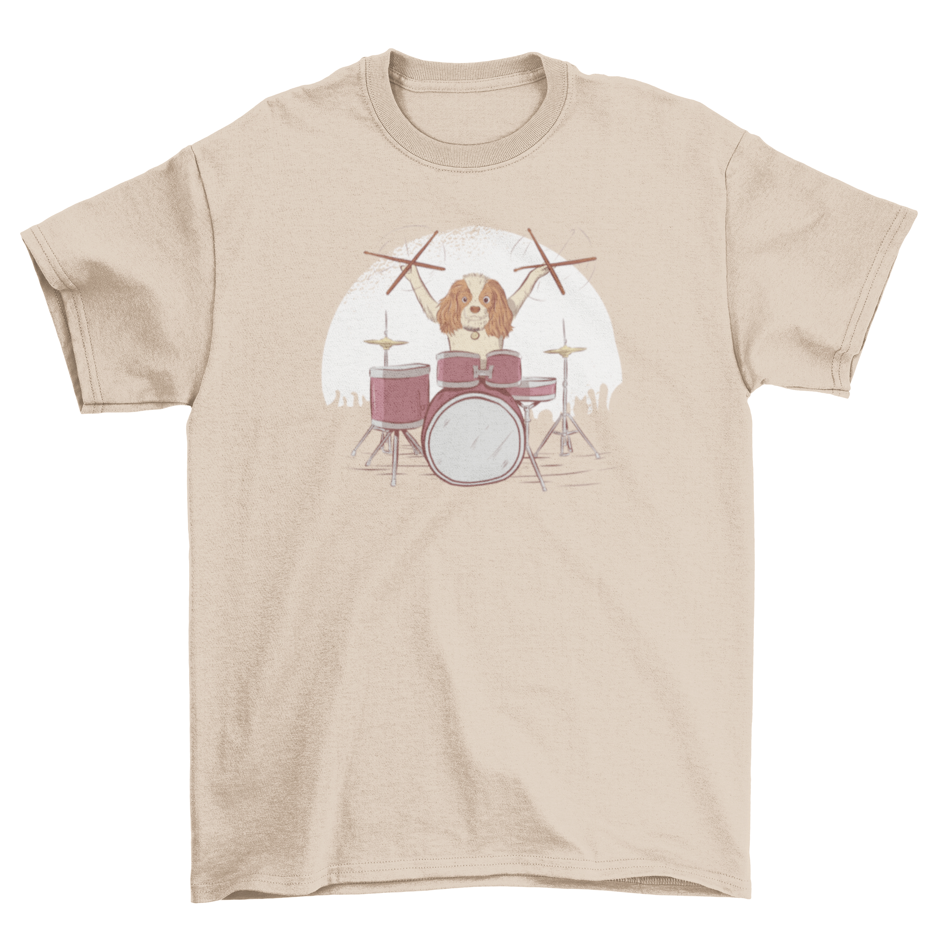 Drummer Dog T-Shirt featuring a cute puppy playing drums in a rocker style.