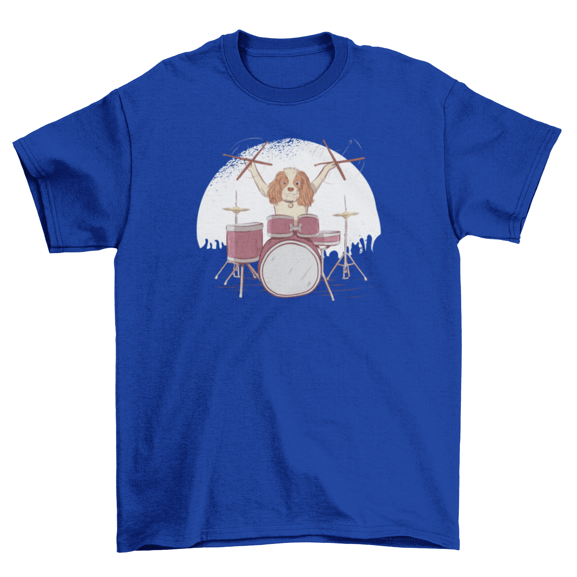 Drummer Dog T-Shirt featuring a cute puppy playing drums in a rocker style.