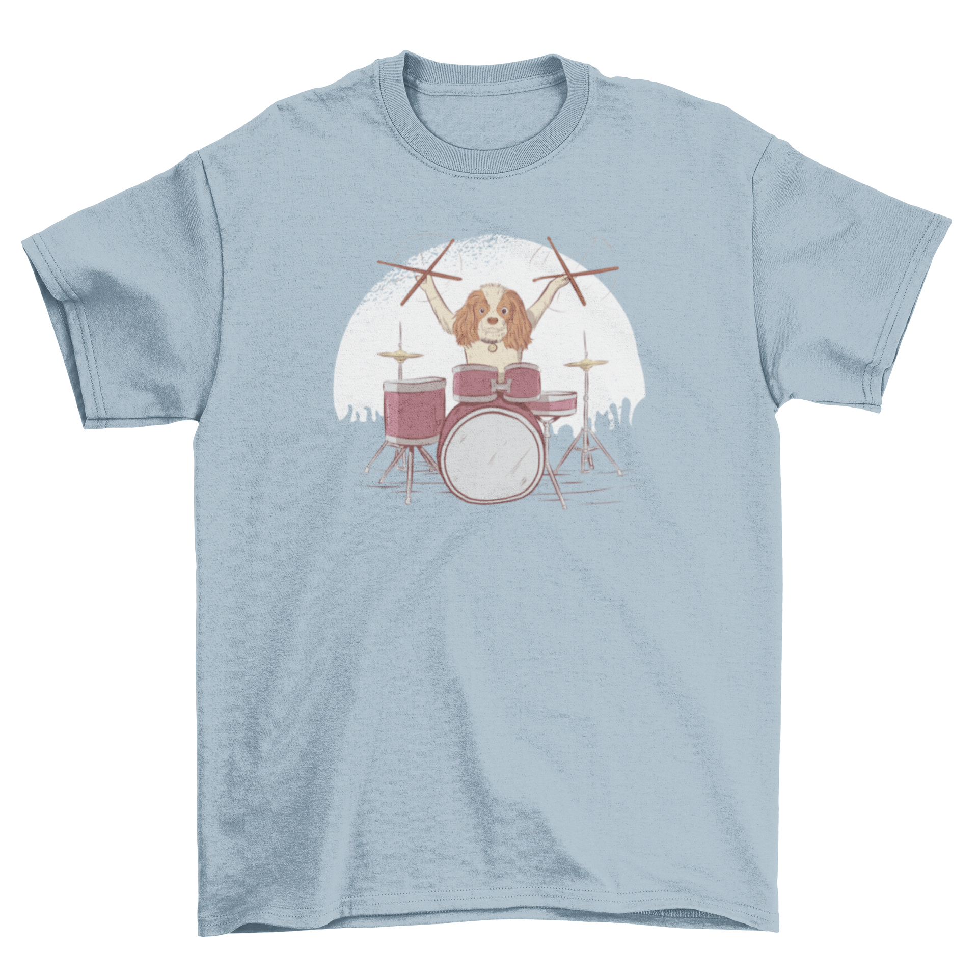 Drummer Dog T-Shirt featuring a cute puppy playing drums in a rocker style.