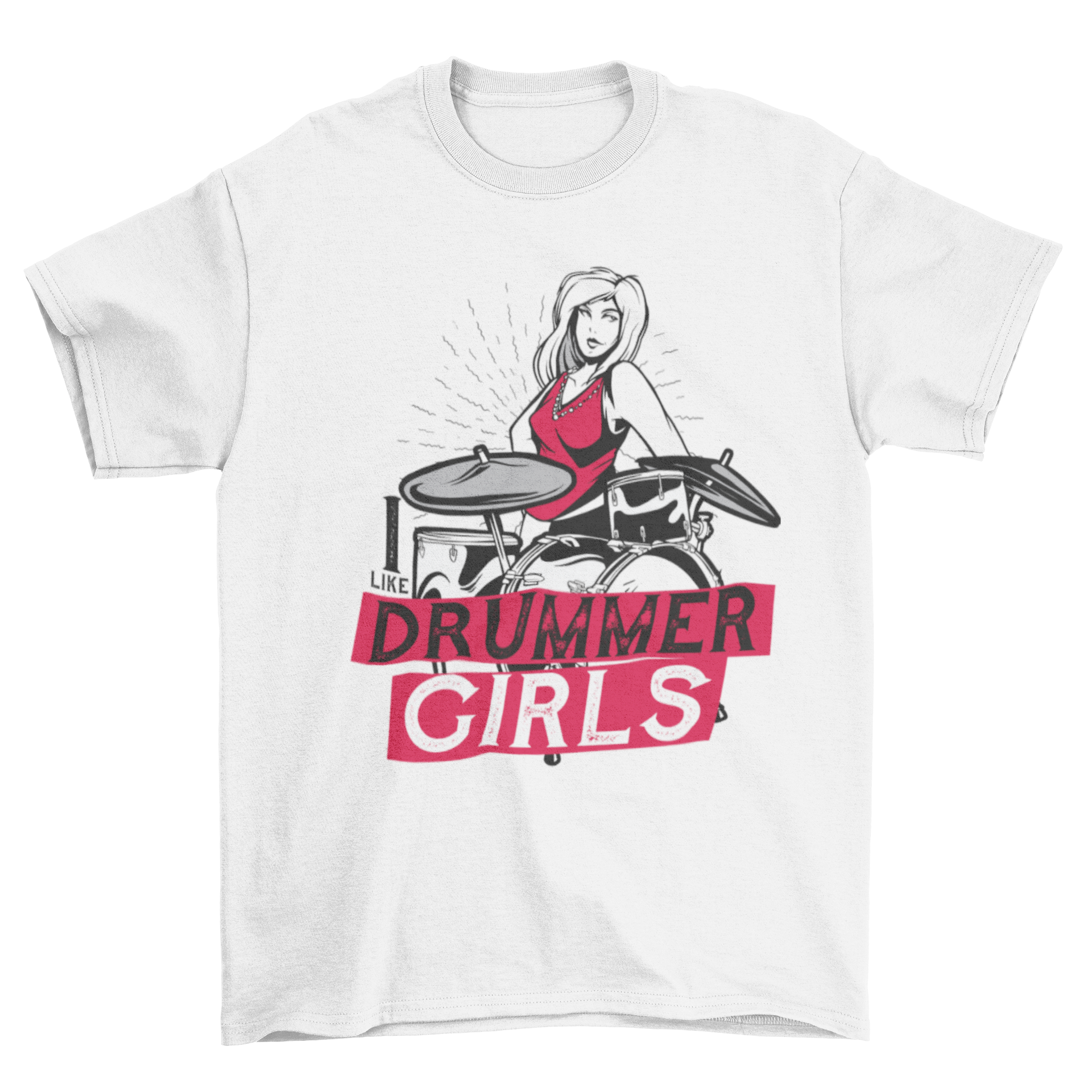 A stylish t-shirt featuring a vibrant illustration of a female drummer with the quote 'Drummer Girls'.