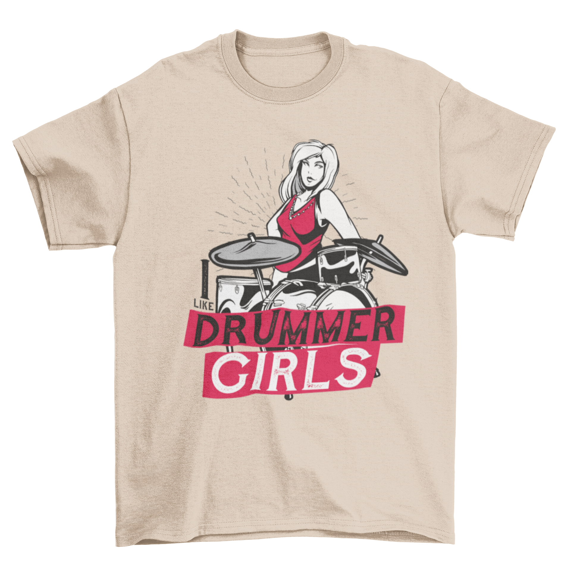 A stylish t-shirt featuring a vibrant illustration of a female drummer with the quote 'Drummer Girls'.