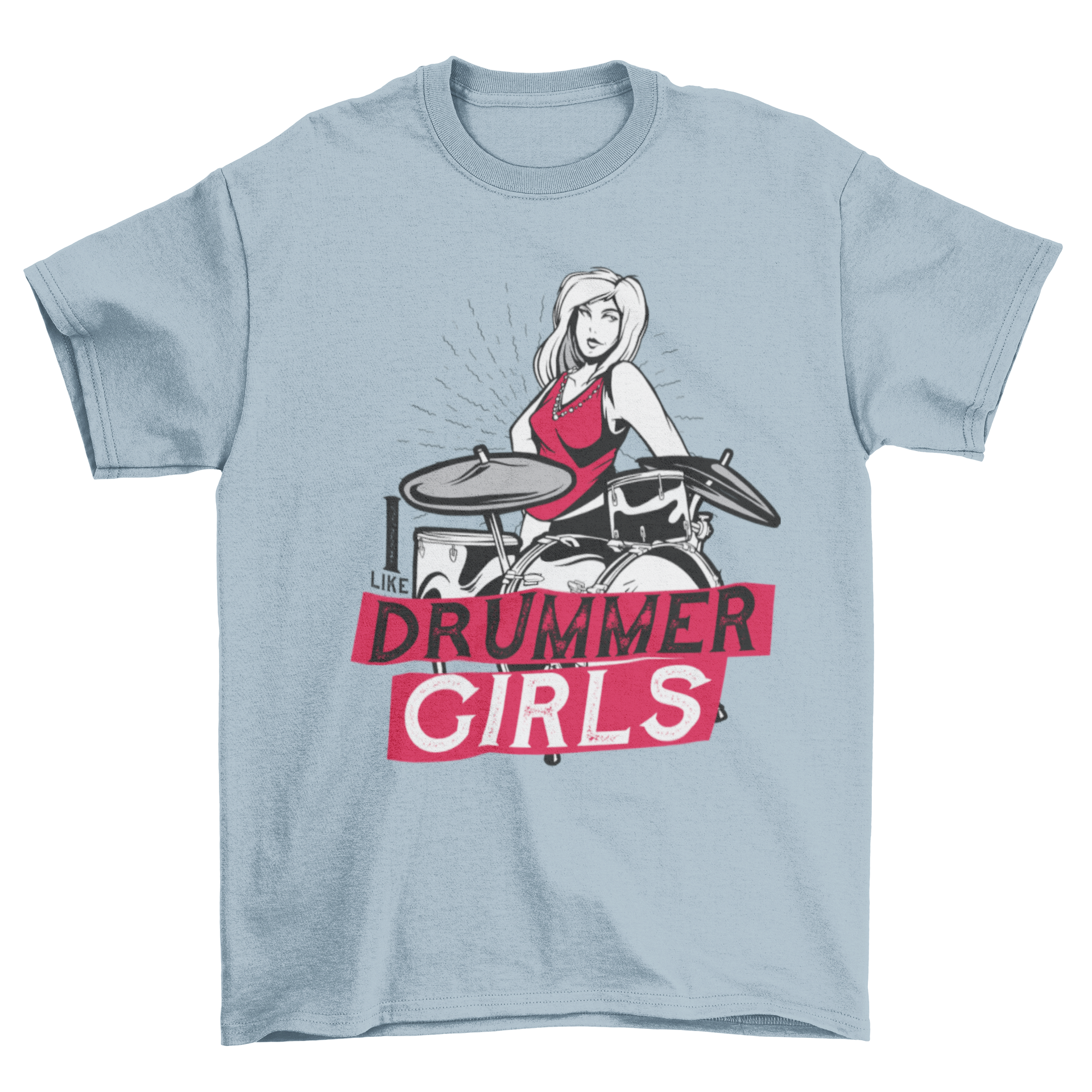 A stylish t-shirt featuring a vibrant illustration of a female drummer with the quote 'Drummer Girls'.