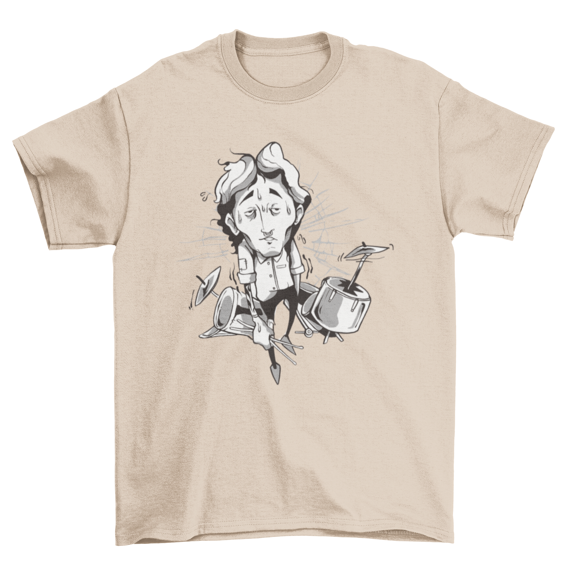 A stylish Drummer Illustration T-shirt featuring a drummer with a broken drum set on his back, showcasing a unique artistic design.