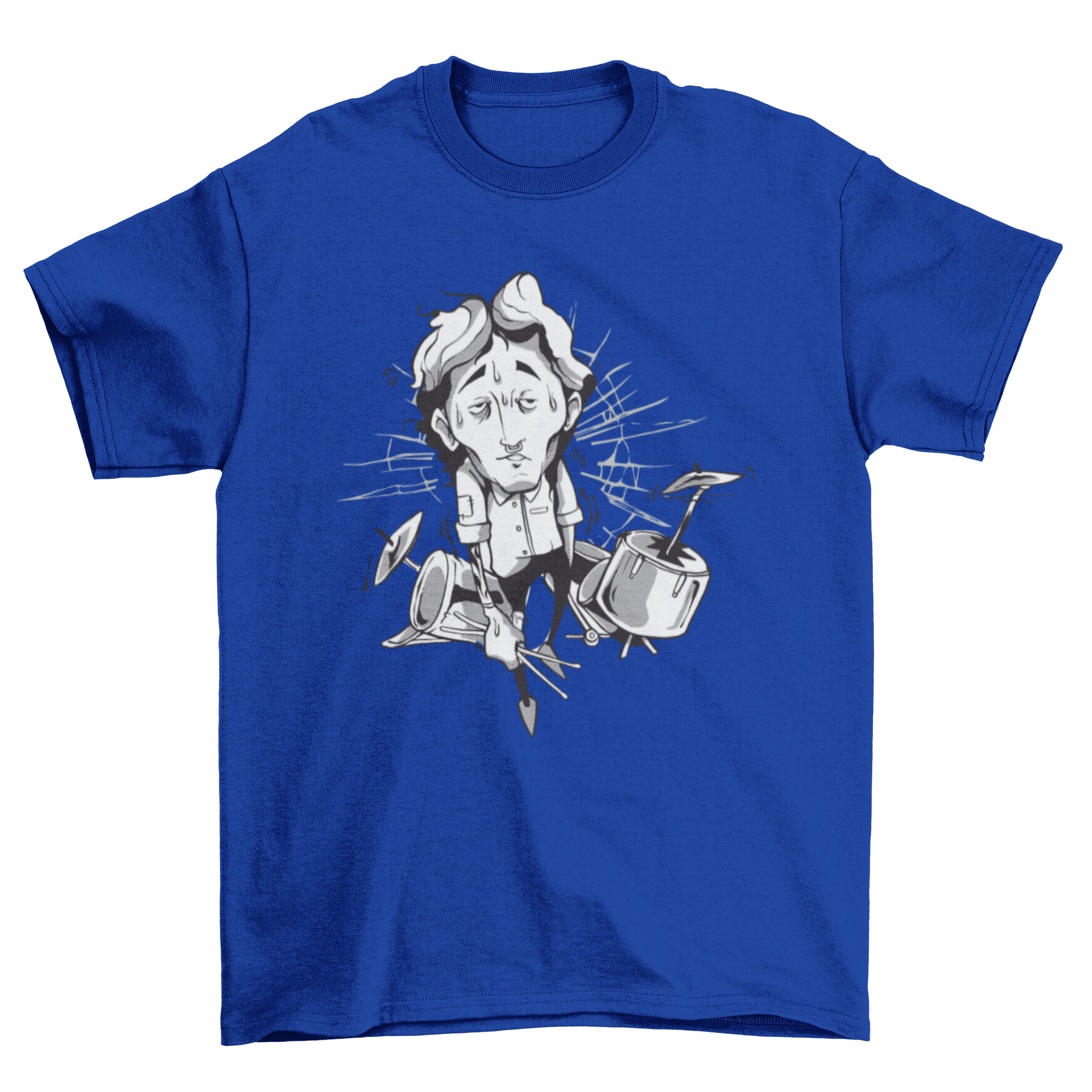 A stylish Drummer Illustration T-shirt featuring a drummer with a broken drum set on his back, showcasing a unique artistic design.