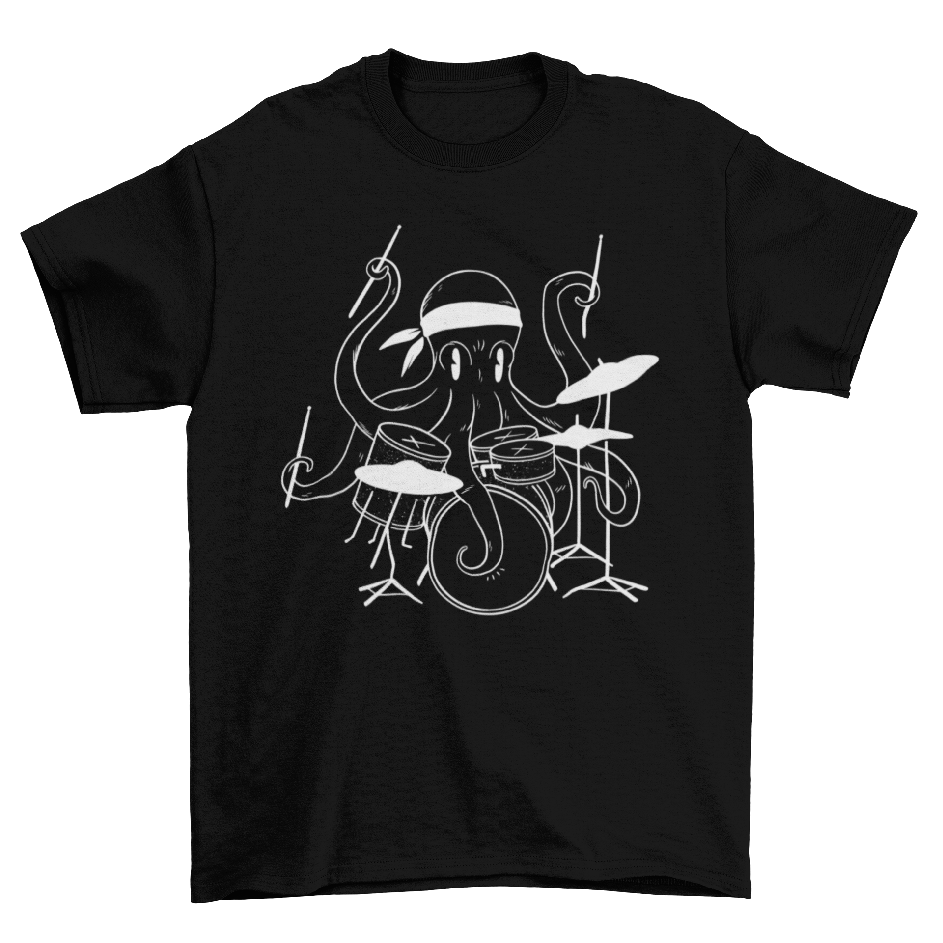 A vibrant t-shirt featuring an illustration of an octopus energetically playing drums, showcasing a unique and fun design.