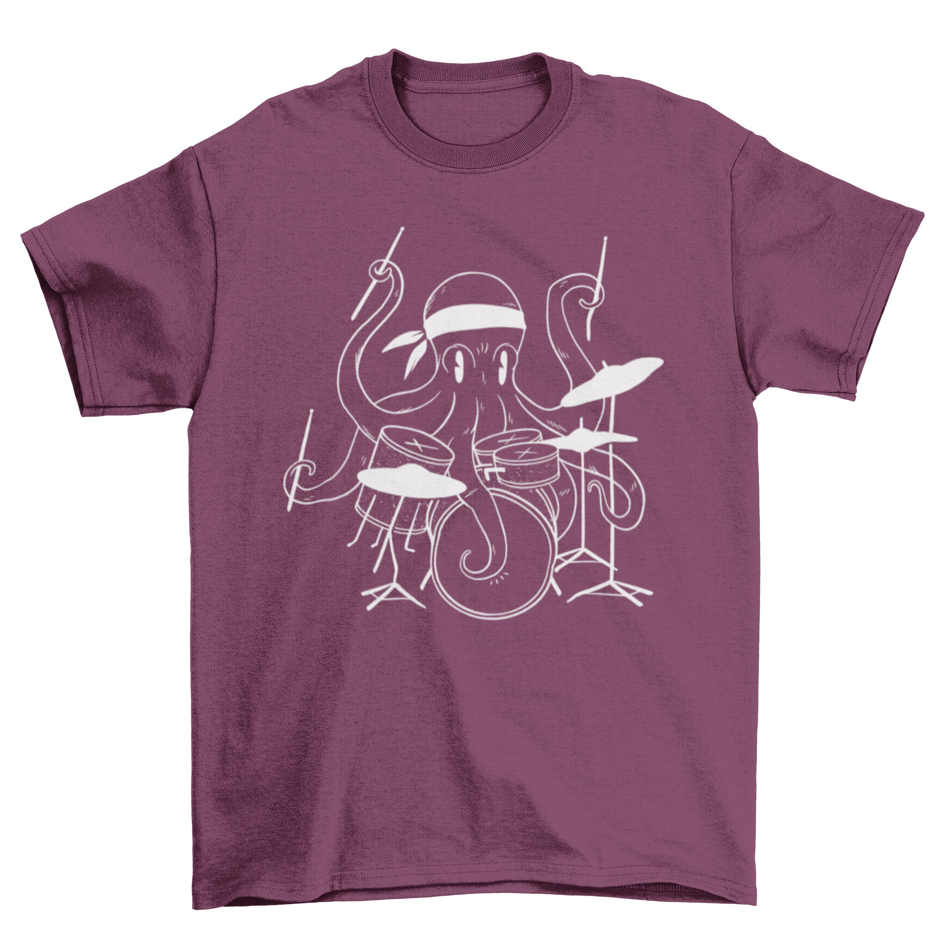 A vibrant t-shirt featuring an illustration of an octopus energetically playing drums, showcasing a unique and fun design.