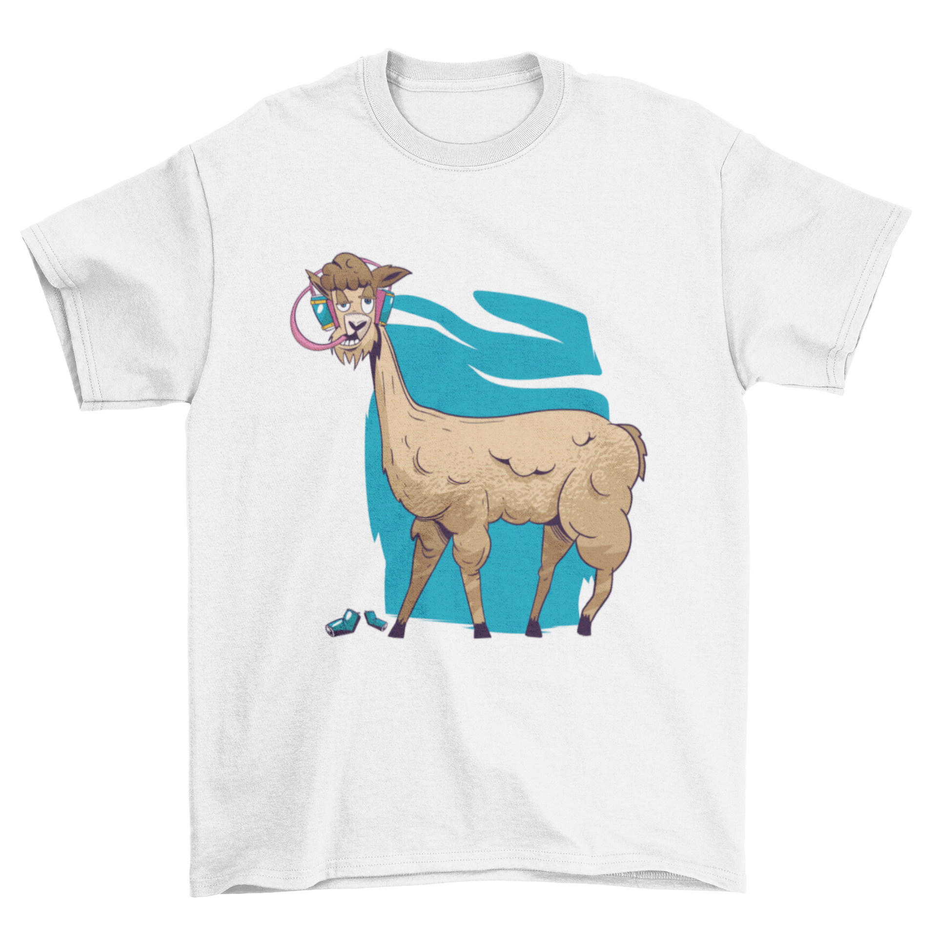 A playful T-shirt featuring a cartoon drunk alpaca design, perfect for casual wear.