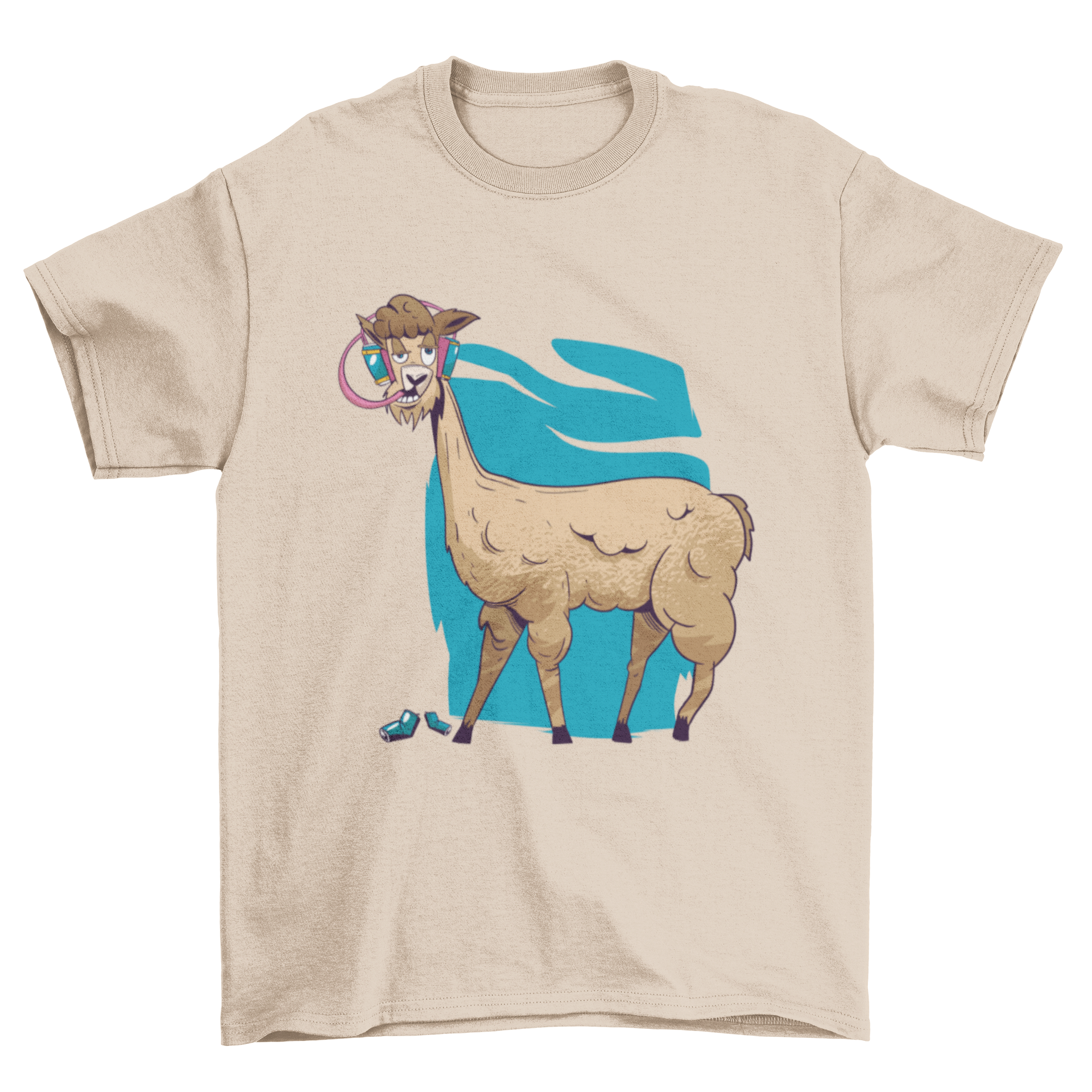 A playful T-shirt featuring a cartoon drunk alpaca design, perfect for casual wear.