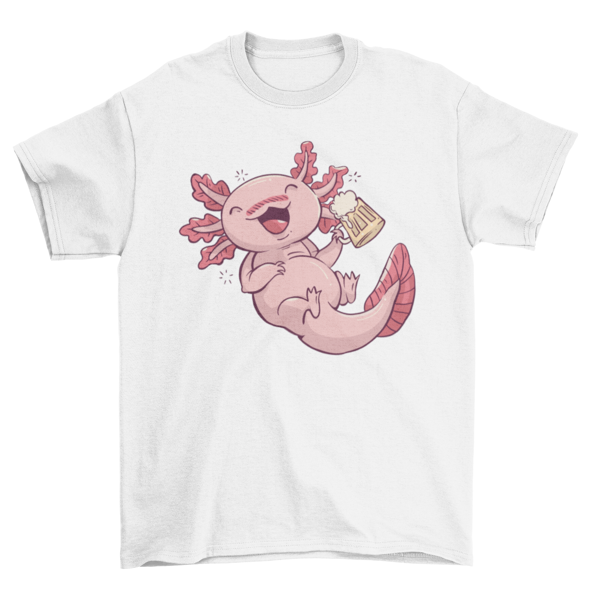 A fun and colorful t-shirt featuring a cartoon drunk axolotl design, perfect for casual wear.