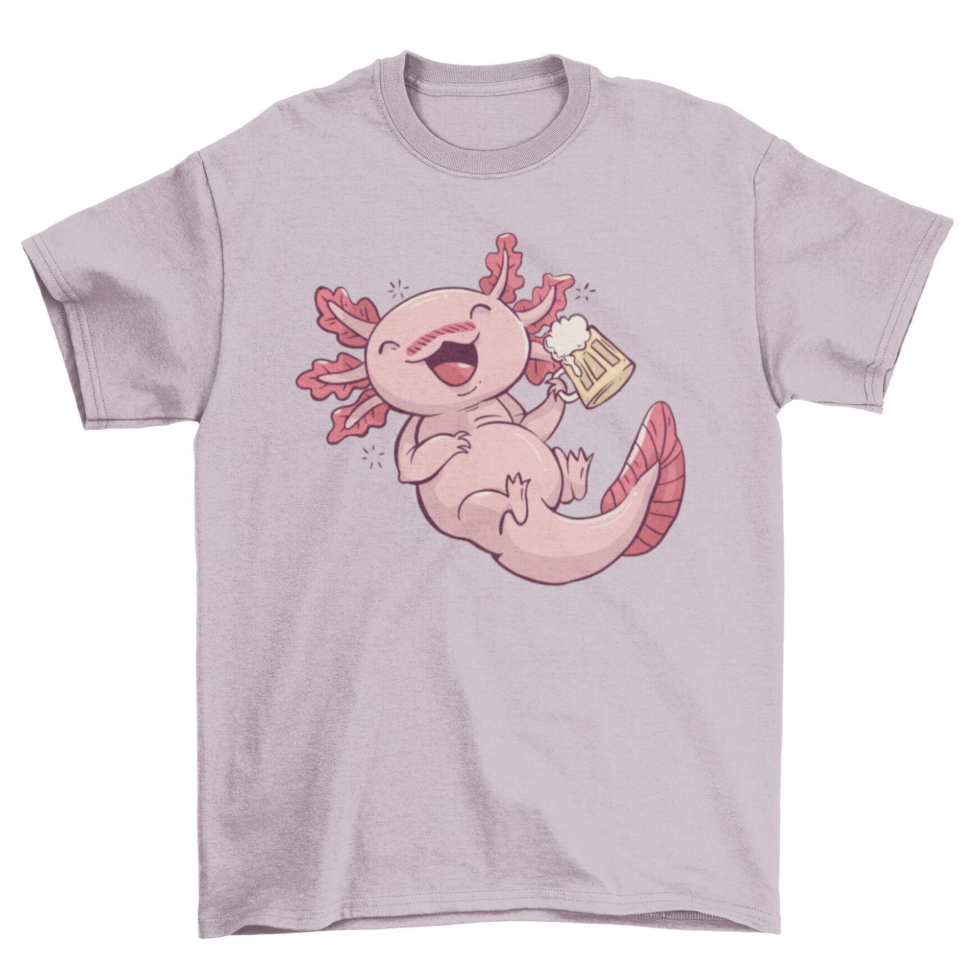 A fun and colorful t-shirt featuring a cartoon drunk axolotl design, perfect for casual wear.