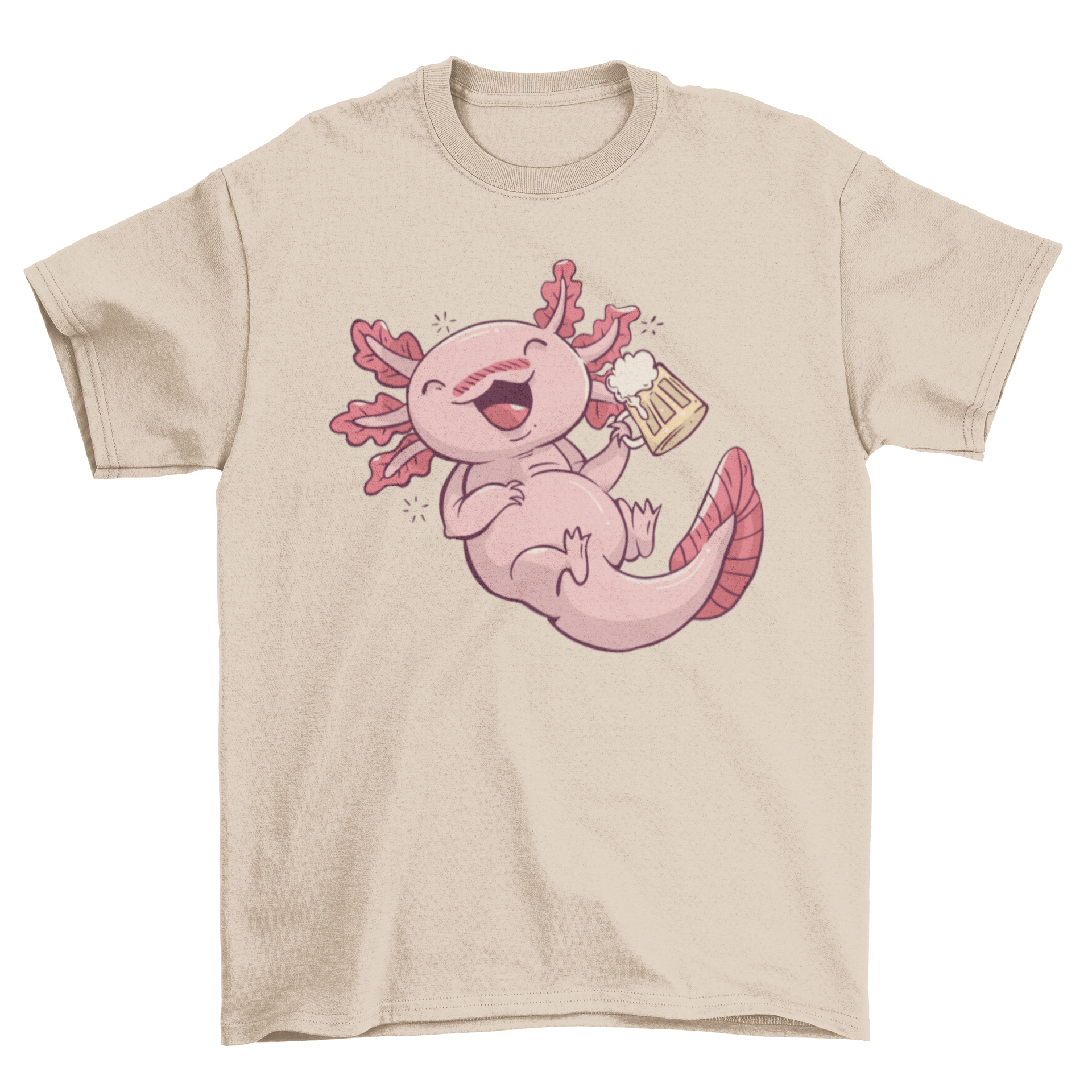 A fun and colorful t-shirt featuring a cartoon drunk axolotl design, perfect for casual wear.