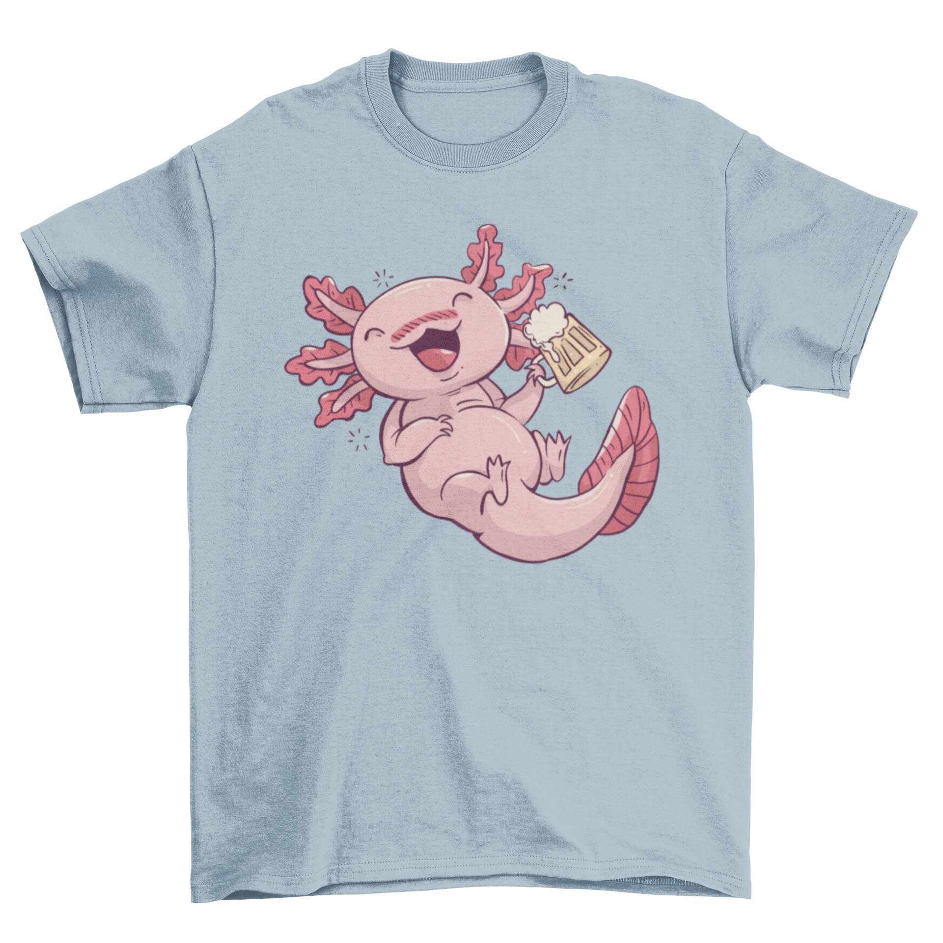 A fun and colorful t-shirt featuring a cartoon drunk axolotl design, perfect for casual wear.